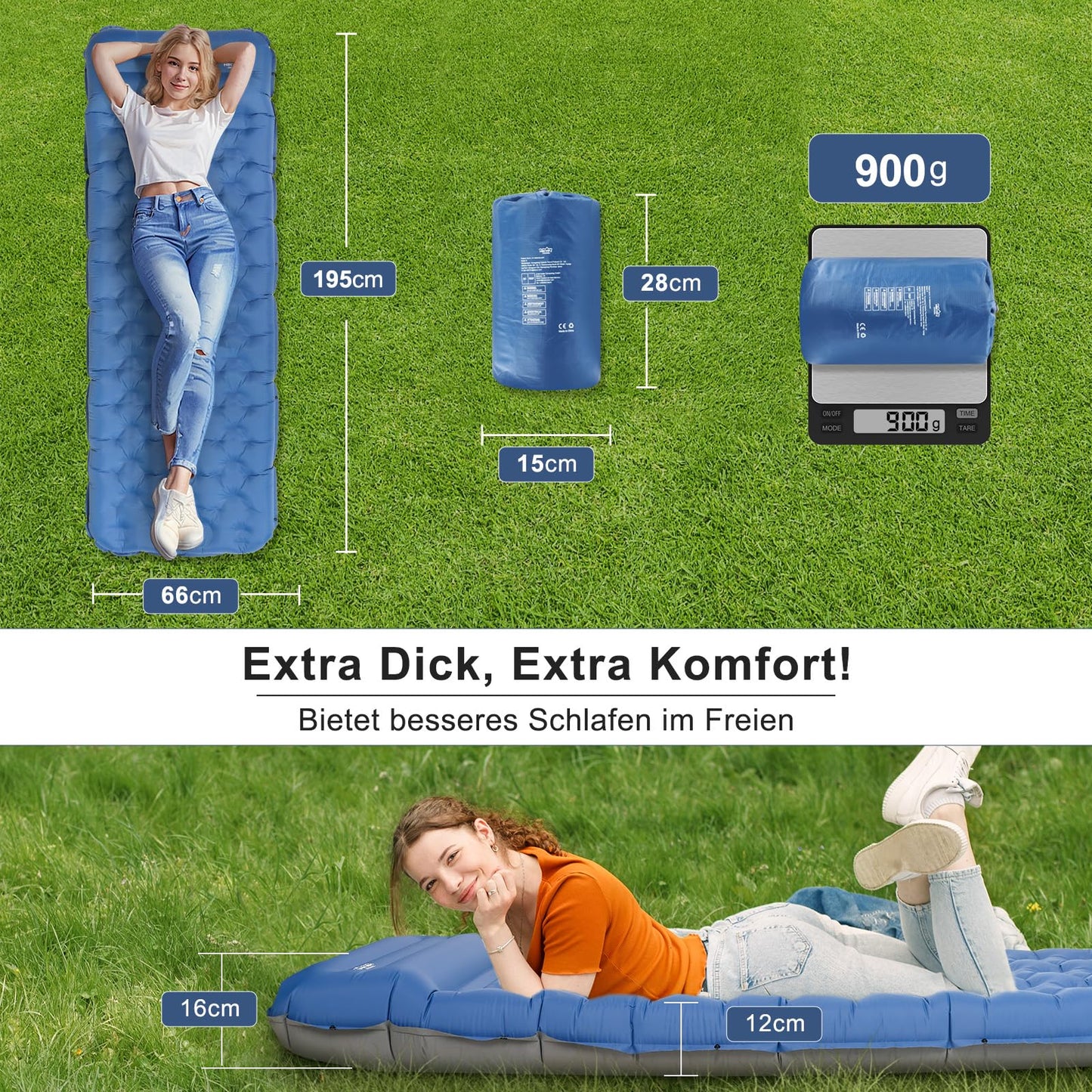 NIKYPJ Self-Inflating Sleeping Pad, 12cm Air Mattress for Camping, Inflatable Ultralight Waterproof Mat with Pillow for Hiking, Outdoors, Camping, Travel (Foot inflation required)