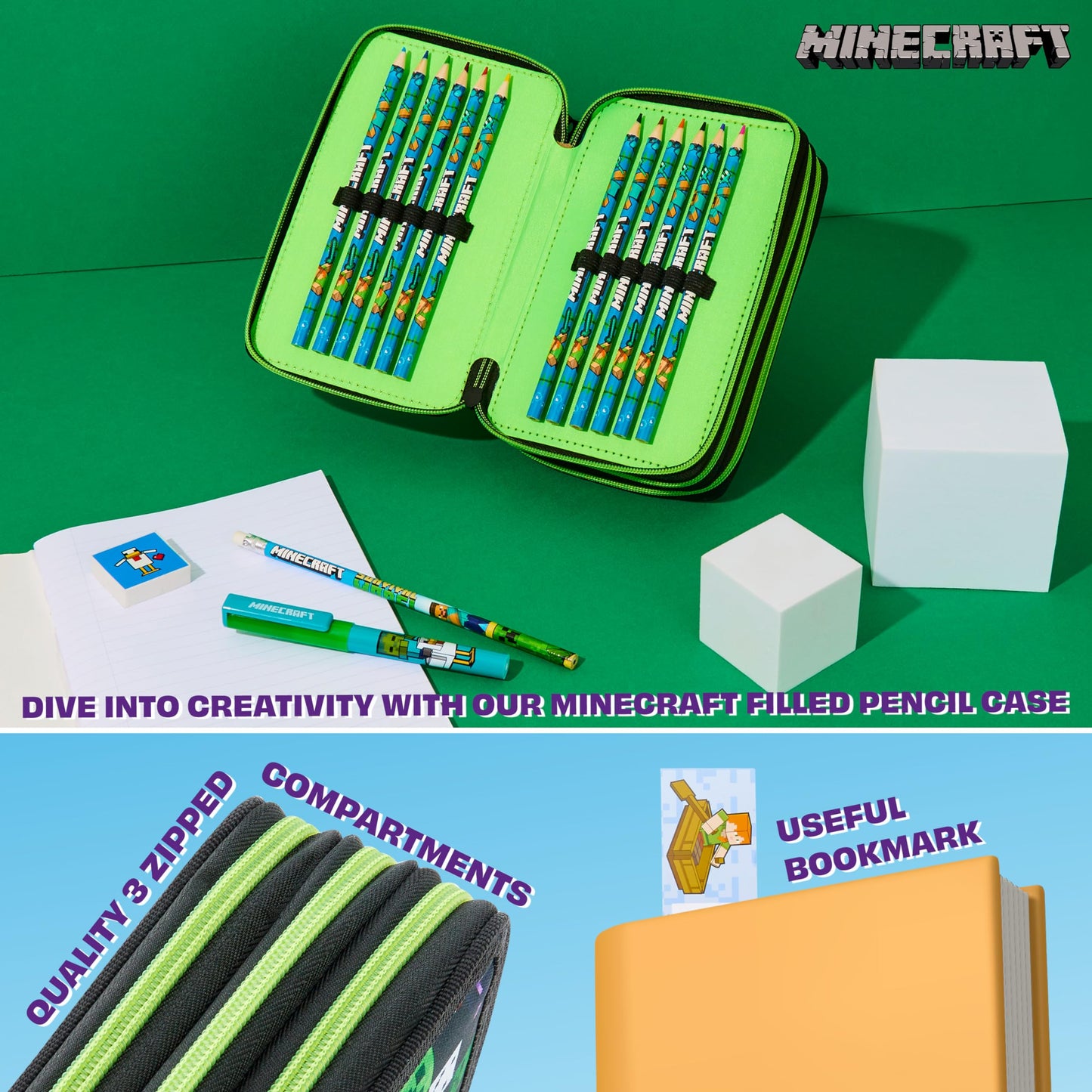 Minecraft pencil case for boys and girls filled with Creeper stationery, gamer gifts for kids and teenagers. (Black AOP)