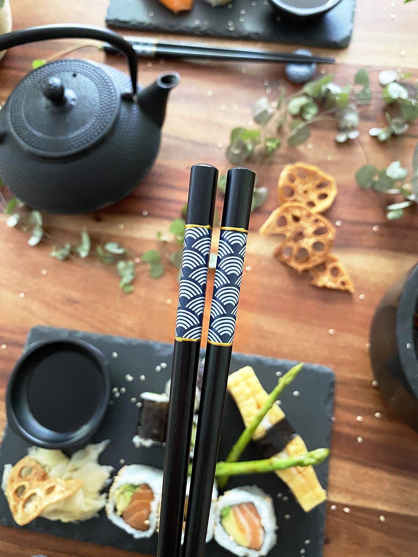 Soypi Sushi Set for 2 - black, 10 piece sushi dish set with chopsticks, slate plates, trays, bowls, delivered in high-quality gift box as a perfect couple's gift.