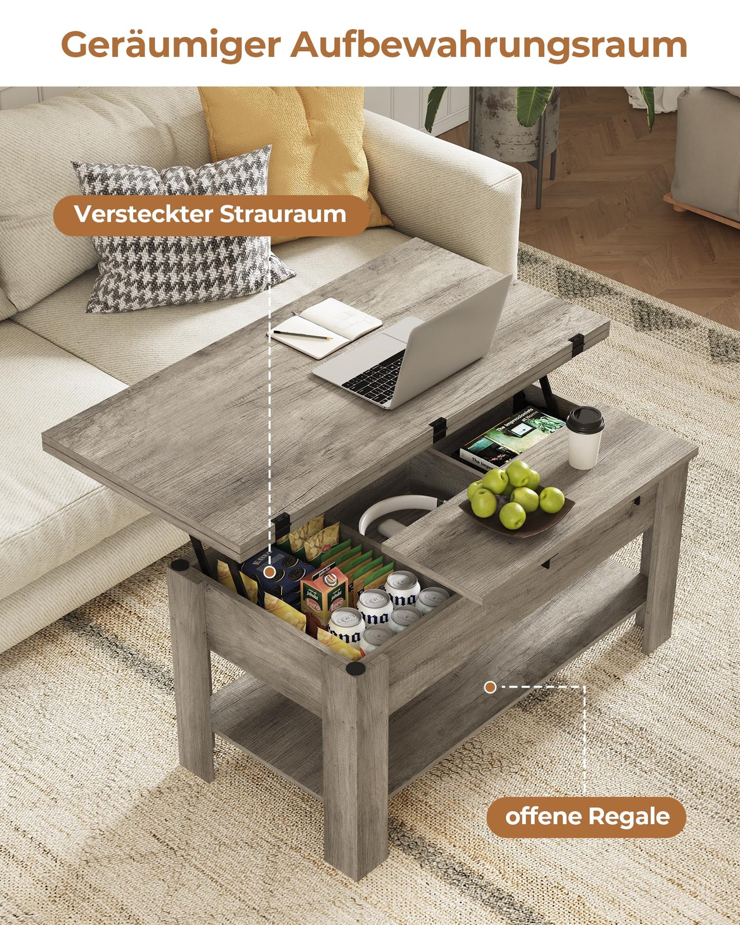 Height-adjustable coffee table, 3-in-1 multifunctional living room table, hidden storage, open shelf, can be used as a dining table, for living room, office, gray