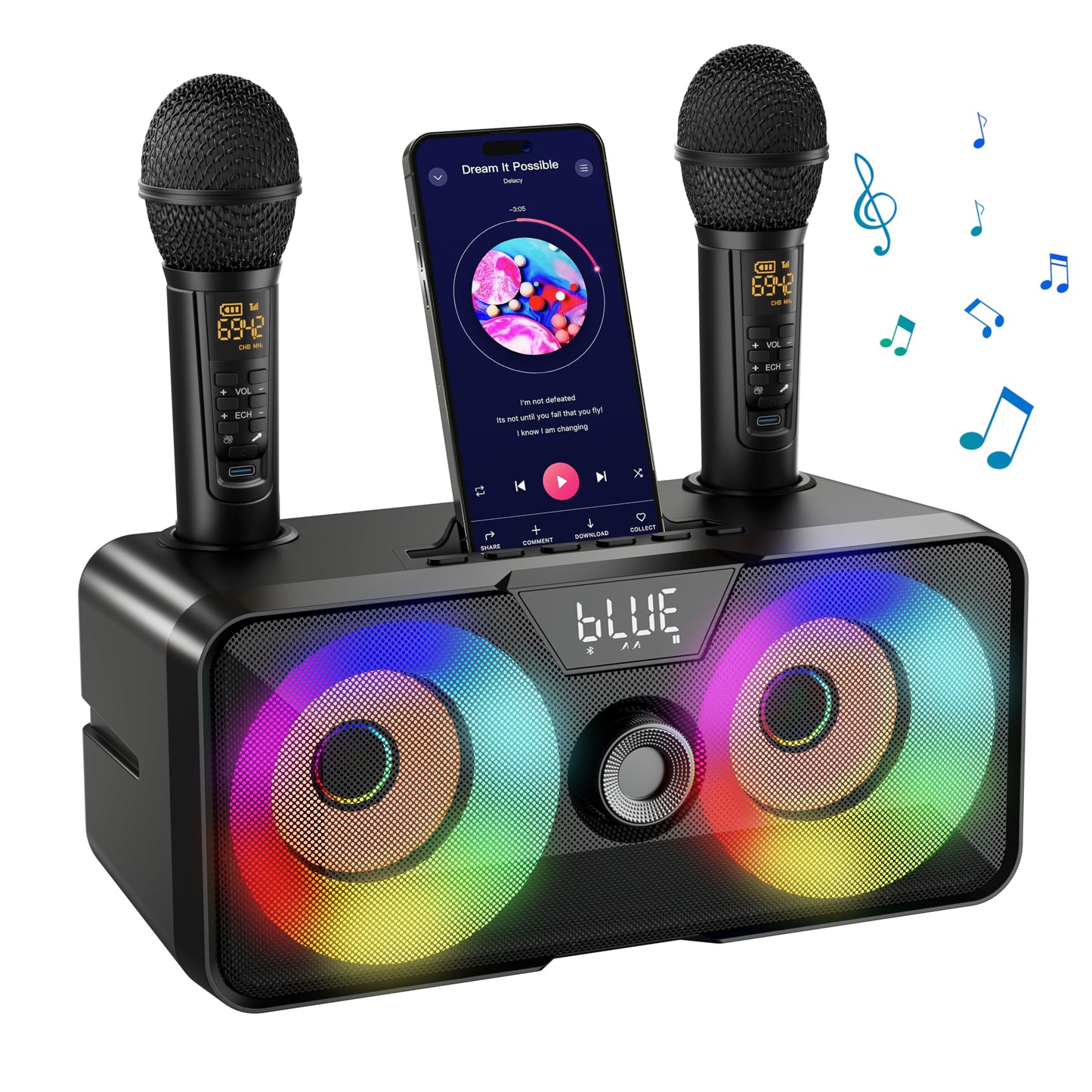 Karaoke machine for adults and kids with 2 wireless microphones, portable Bluetooth singing PA speaker system with LED lights for home parties, weddings, churches, birthday gifts.