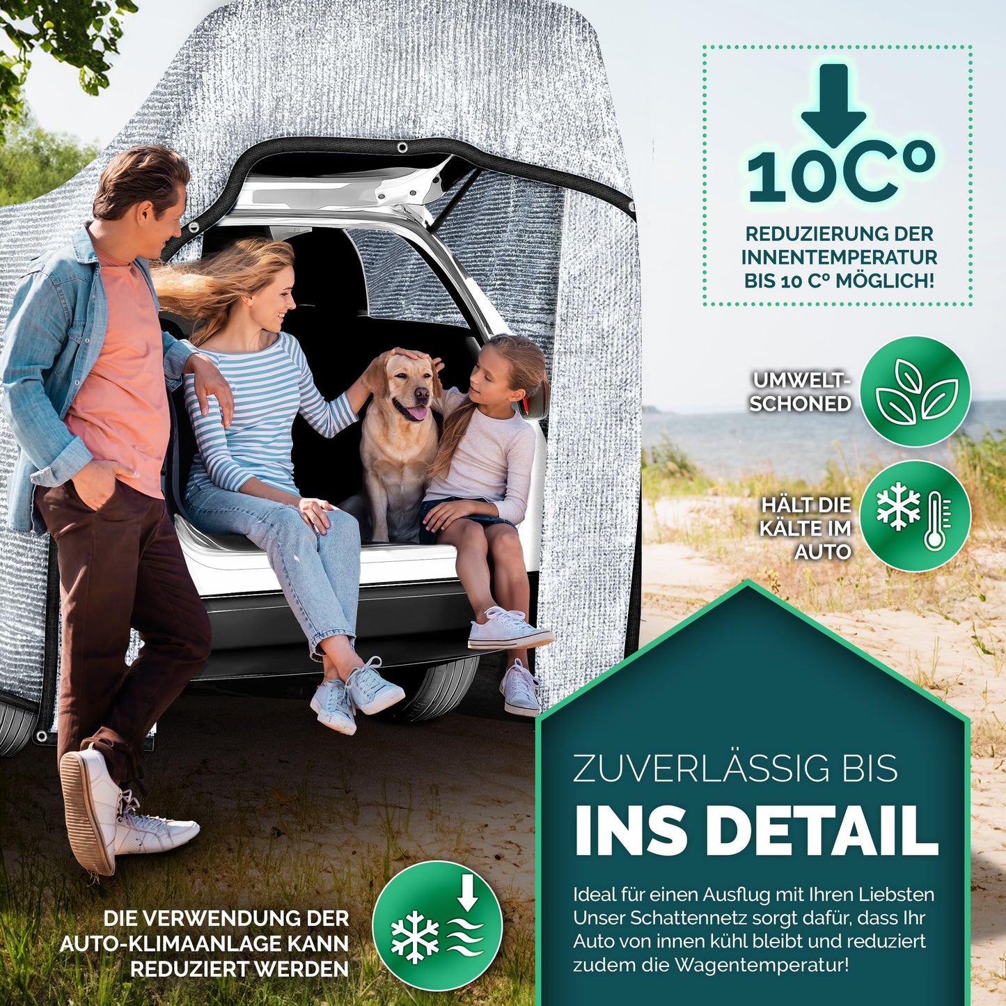 FOLIASOL® Shade Net for Car 4x6 m | Alunet Dog with Eyelets 80% UV | Aluminum Sun Protection for Camping & Vacation | Sun Protection Net with Fastening | Heat Protection Aluminum breathable