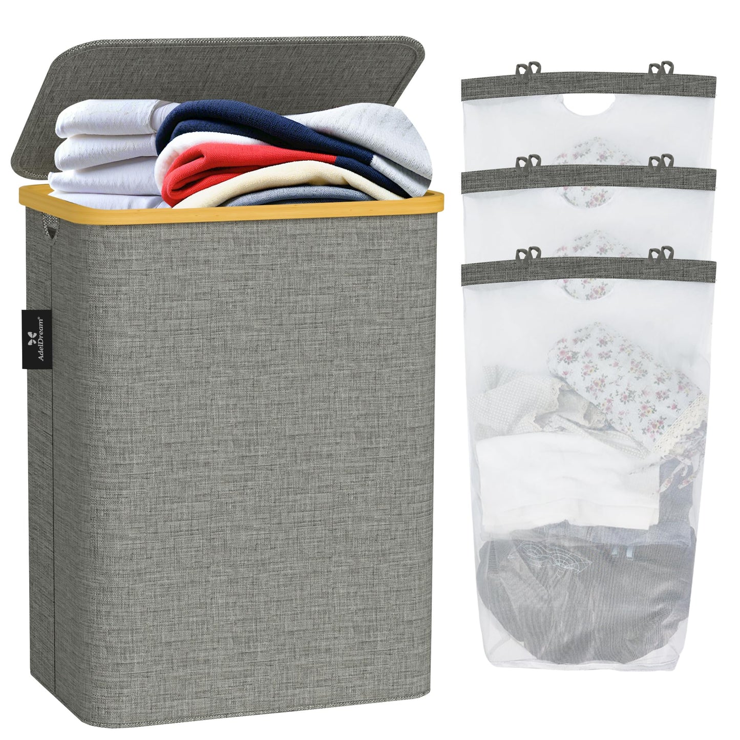 AdelDream 160L laundry basket with lid 3 compartments laundry hamper narrow laundry sorter laundry box laundry bin with lid laundry chest laundry baskets 160L Gray