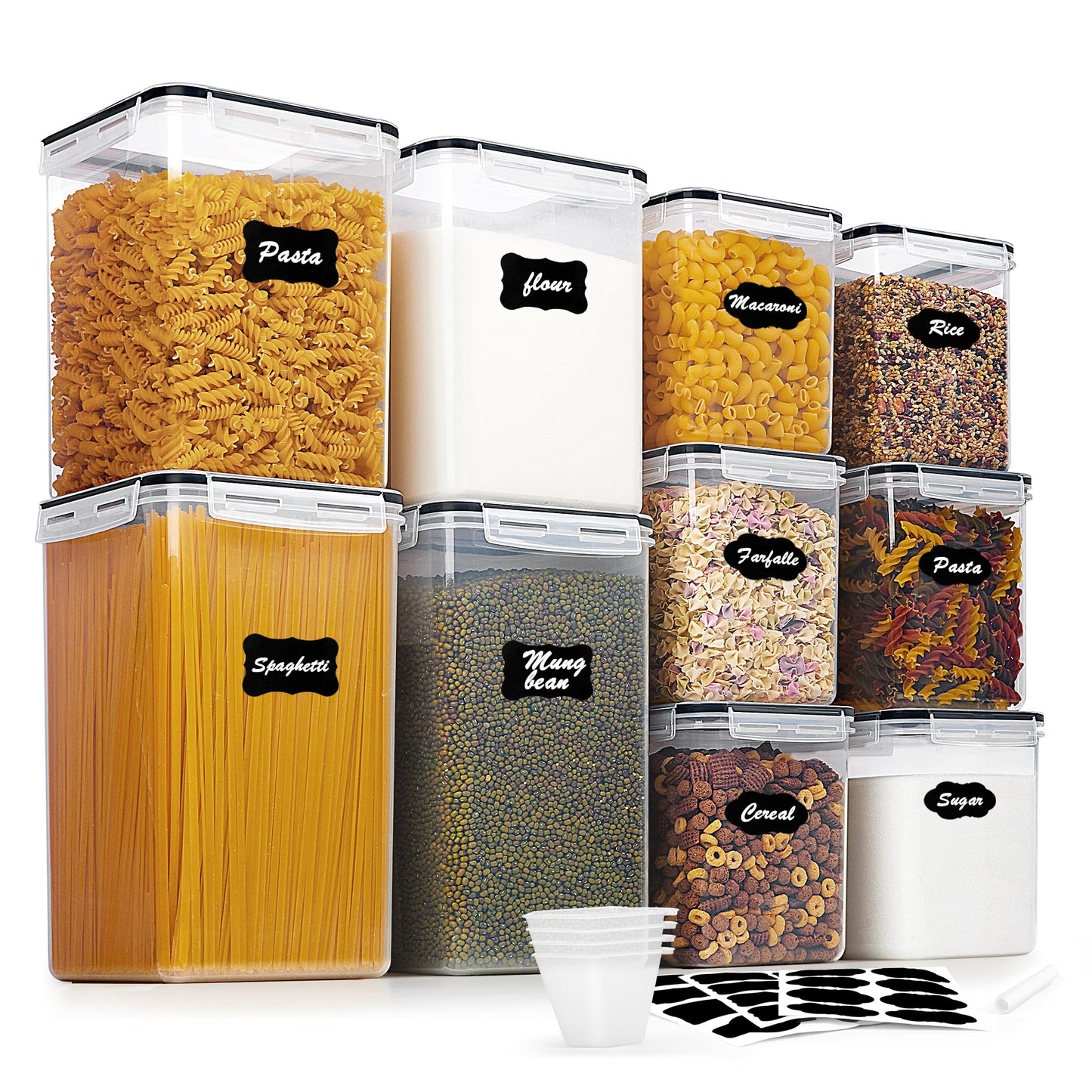 Vtopmart 10-piece set of large airtight storage containers with lids 6.5L, for flour and sugar storage, kitchen storage box for flour, cereal and sugar, BPA free, black.