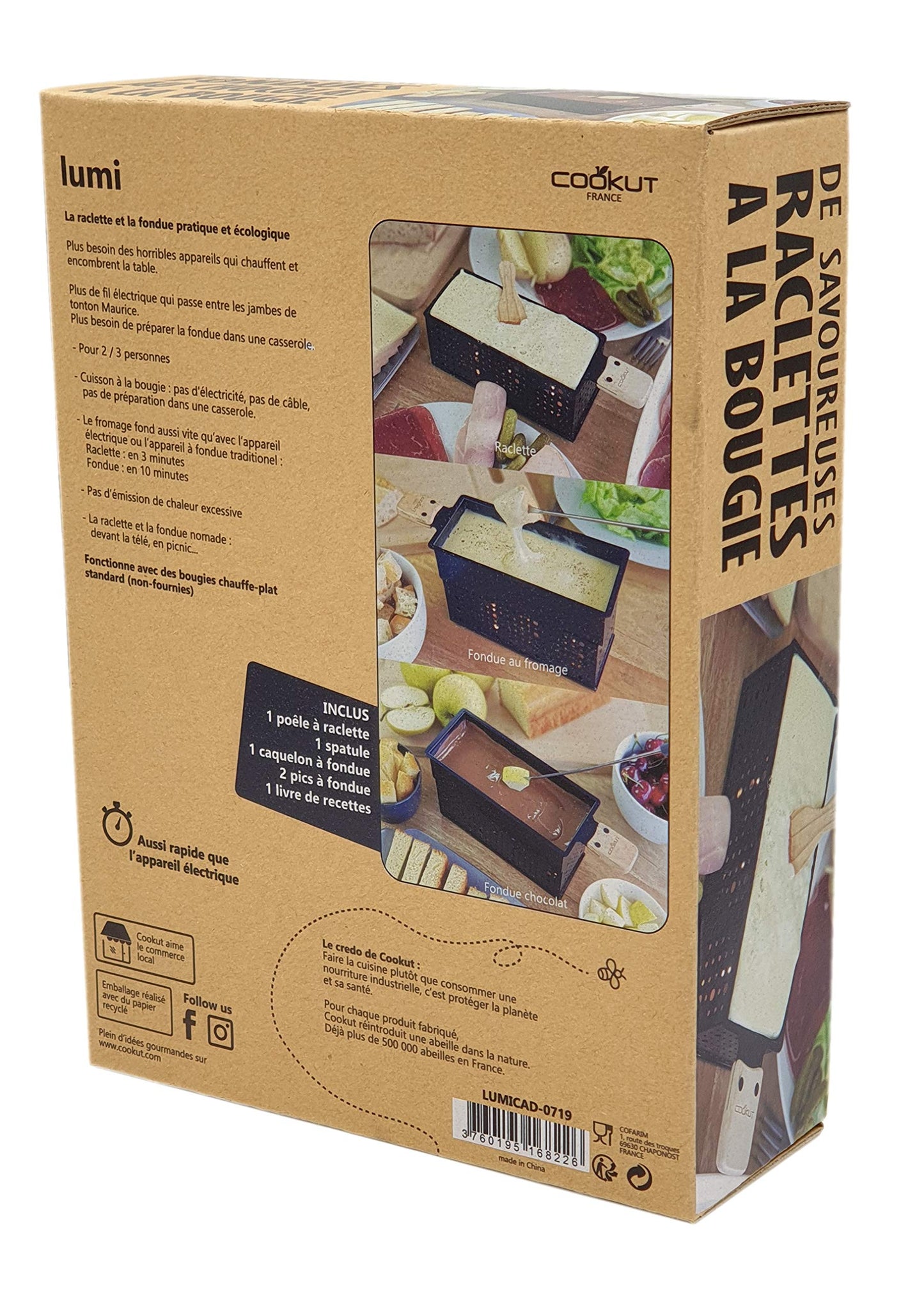 COOKUT - Lumi gift set - Raclette and cheese fondue with candle - Raclette in 3 minutes, prepare fondue in 5 minutes - Raclette night, cheese fondue, picnic - wooden spatula - black