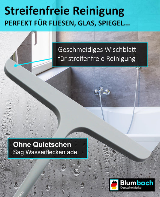 BLUMBACH® Shower Squeegee in grey, 28 cm wide with holder, silicone squeegee with stainless steel core, for shower walls and glass, perfect for wiping off water after a shower.