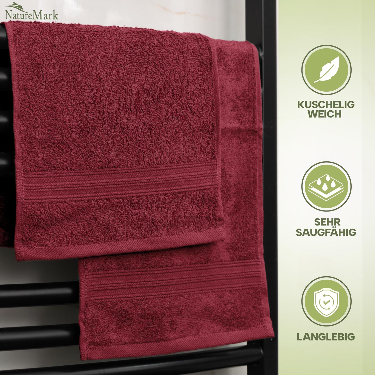 NatureMark guest towels - 12 pack (30x50 cm), 100% cotton, Oeko-Tex certified, soft, absorbent, and easy to care for - for bathroom, guests & spa - Bordeaux Red