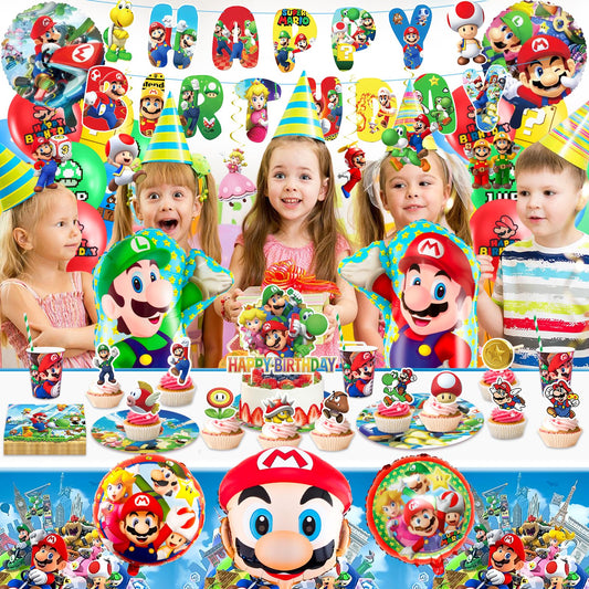 102Pcs Ma Rio paper plates children's birthday decor Super Bros birthday tableware set birthday decorations party tableware party decor tablecloth napkins plates and cups balloon banner cake decoration for 20 guests.