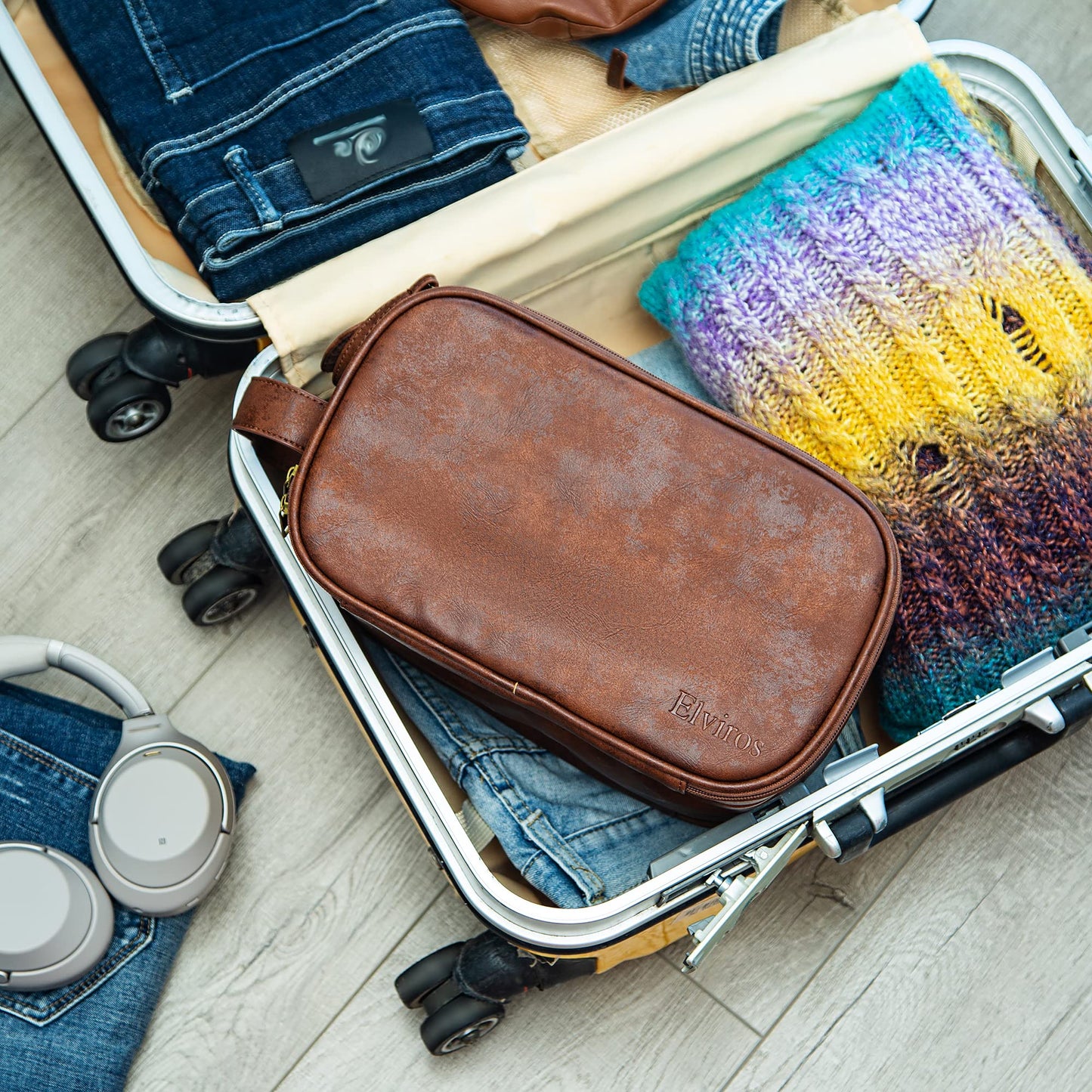 Elviros men's toiletry bag, PU leather waterproof travel large opening toiletry bag, suitable for travel, business trip, fitness, bathroom, dark brown, size: L
