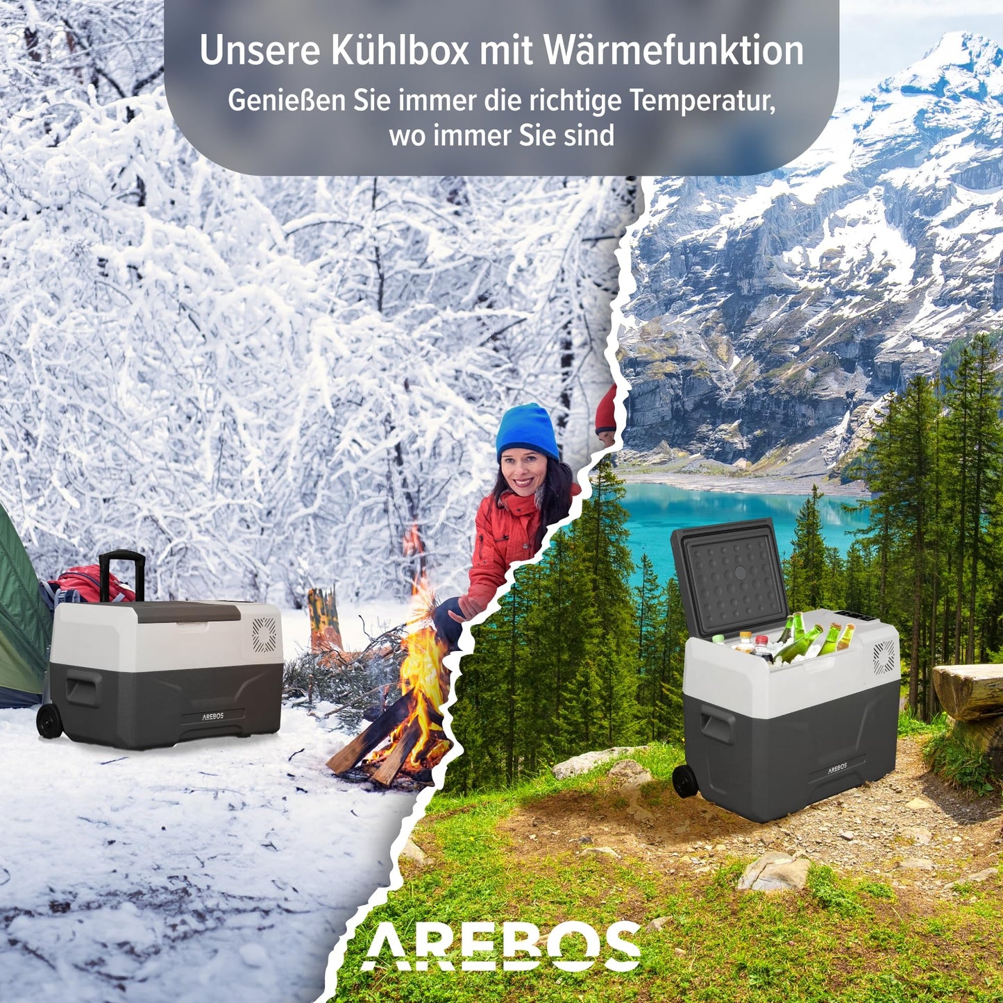 Arebos compressor cooler box with wheels 39 liters | Electric freezer box with APP & smart control | Mobile cool box with USB port | up to -20 °C | 12/24 V 230V | for car, truck, camping, boat, RV