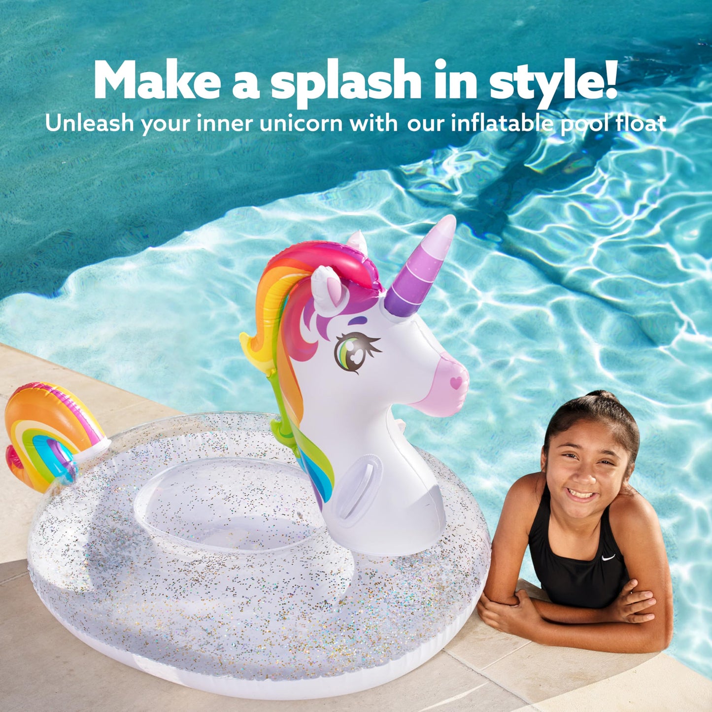 JOYIN Kids' Unicorn Pool Float with Glitters, Inflatable Pool Floaties for Adults, Summer Party Decorations, 175cm*75cm*85cm