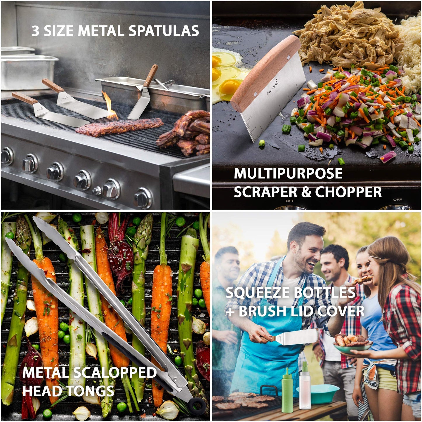 Stainless steel metal spatula set - grill scraper flat spatula pancake flipper hamburger turner - metal utensil perfect for BBQ grill flat top cast iron griddle - accessories