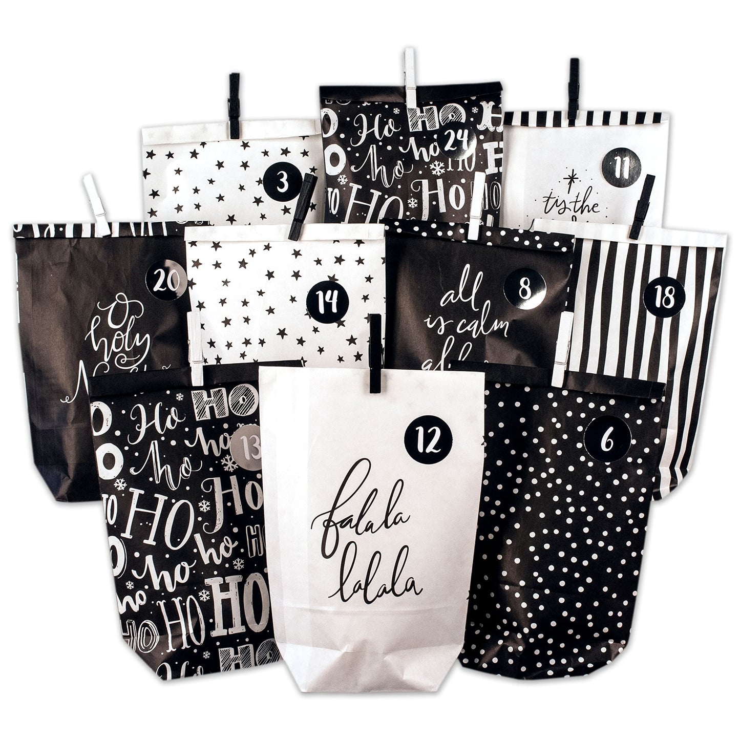 Paper Dragons Advent Calendar 2025 for filling - 24 black and white printed gift bags and 24 number stickers - Design Holy Night black & white - for crafting and gifting - Christmas