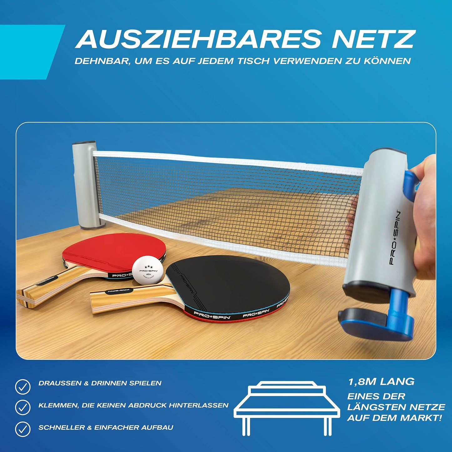 PRO-SPIN Table Tennis Paddle Set - With Table Tennis Net For Any Table, 3-Star Table Tennis Balls, Bag/Case | 2-Pack | Retractable Portable Table Tennis Net | Great Gift & Games