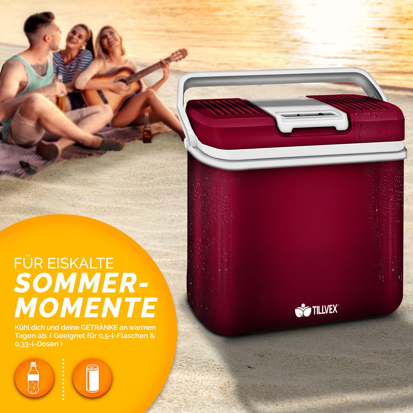 tillvex 24L Electric Cooler Box | Mini Fridge 230V and 12V for Car Camping | cools & warms | ECO Mode (Red)