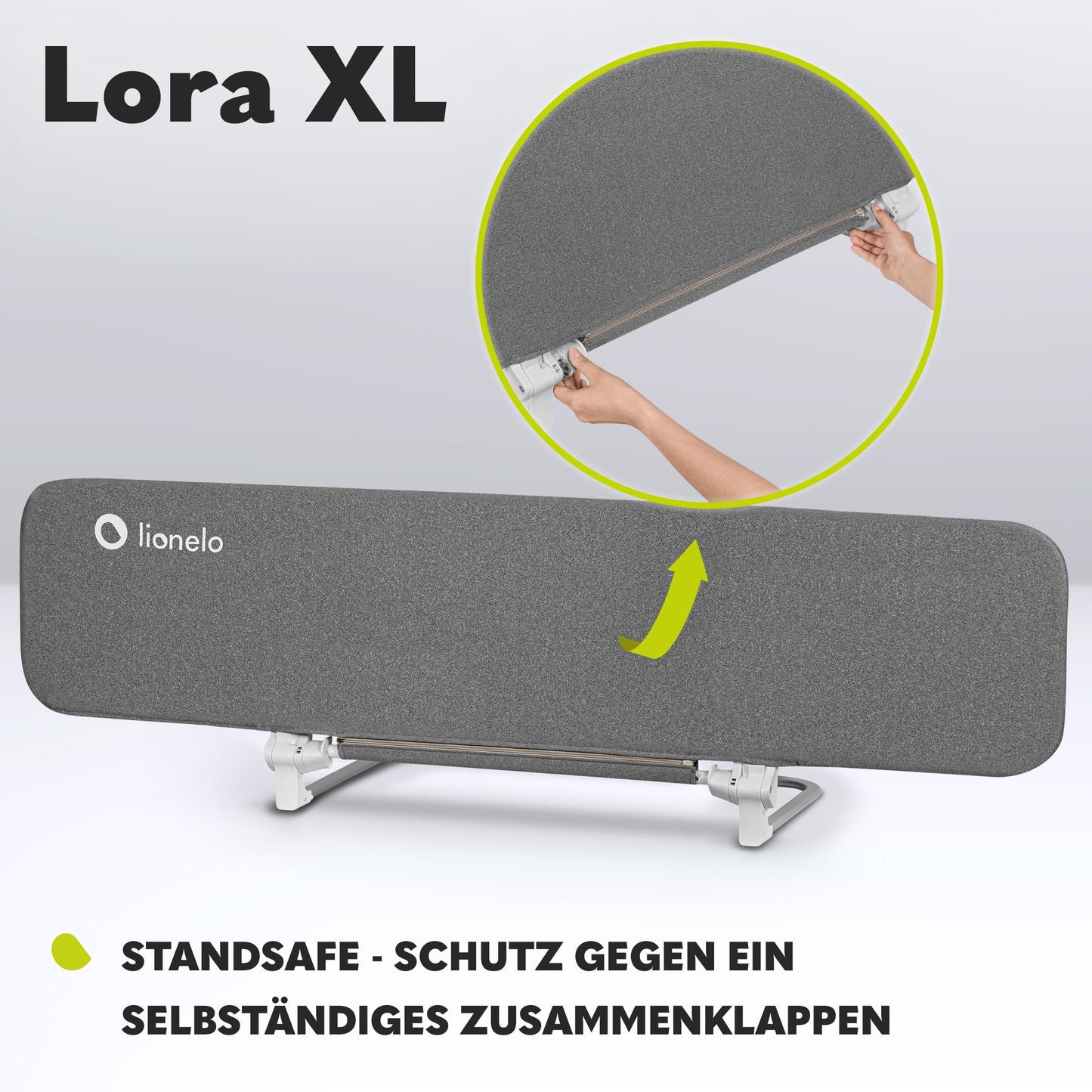 Lionelo Lora XL Portable Bed Guard for kids, tilt adjustment up to 180°, foldable bed rail, 45 cm - 150 cm, StandSafe lock, protection against falling out