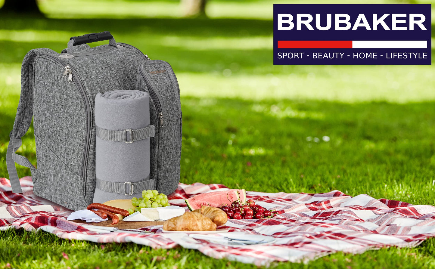 BRUBAKER picnic backpack for 2 people in grey, 28 Γ 40 Γ 22 cm - with cooler compartment, insulated bottle holder, and fleece blanket with waterproof bottom.