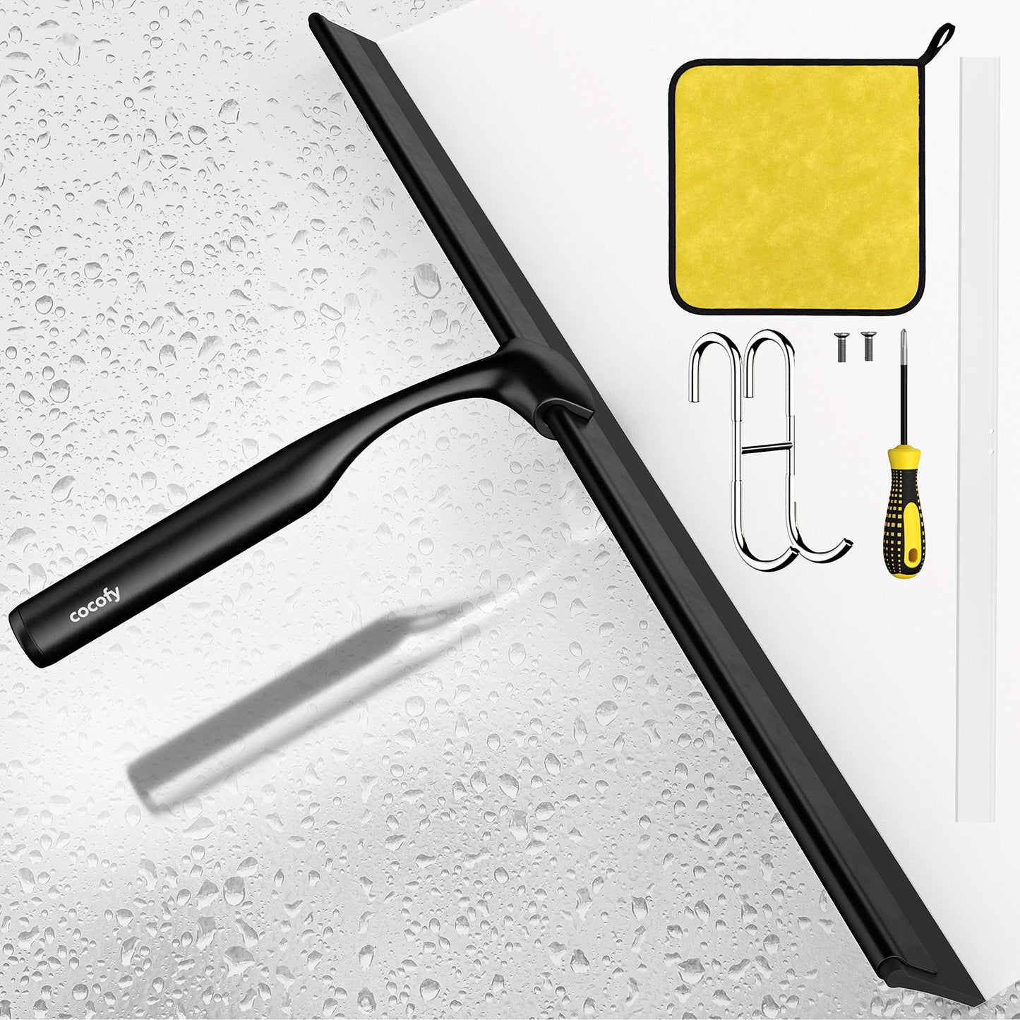 Cocofy shower squeegee black matte wide XXL 45 cm without drilling for shower, tiles with hooks, replacement rubber, microfiber cloth whip shower shower wall squeegee shower cabin squeegee shower squeegee