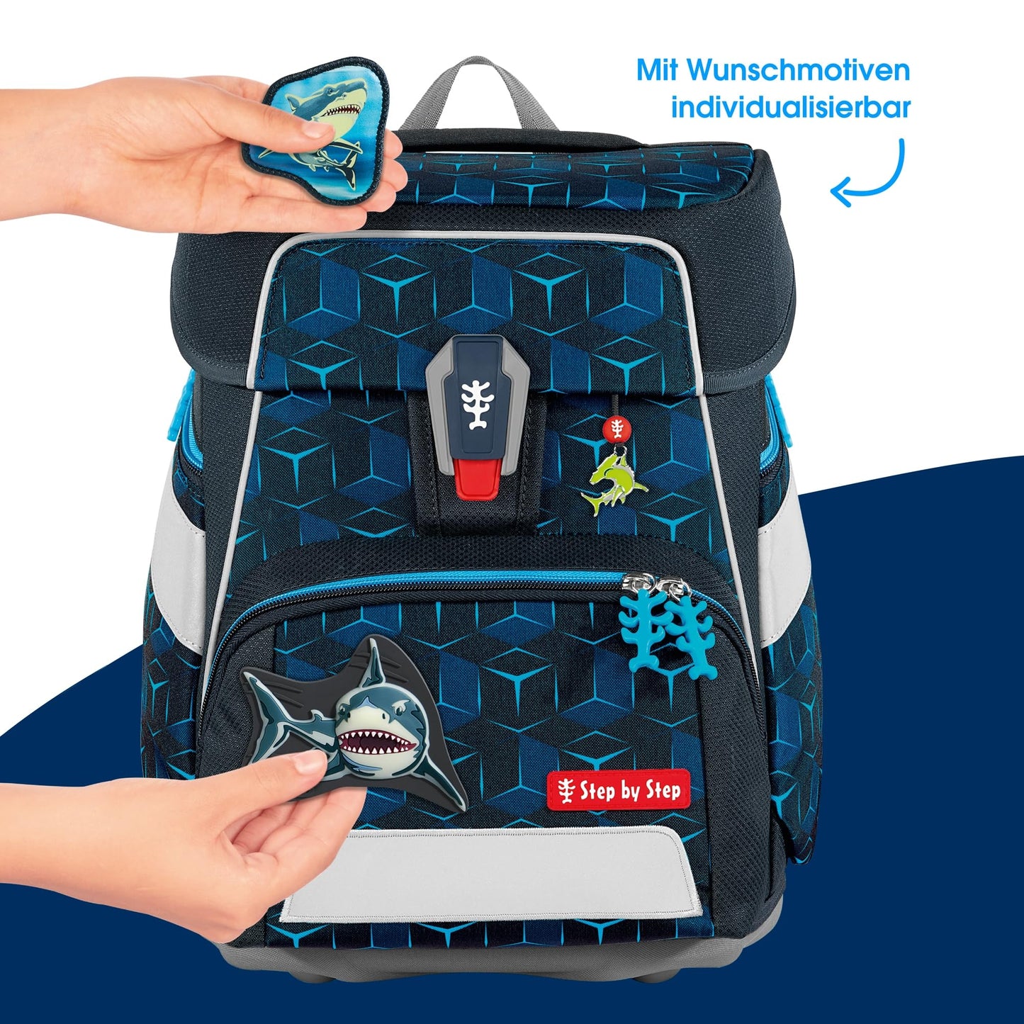 Step by Step school bag set "Space Shine Shark Dexter” 5-piece, ergonomic reflective material backpack, height-adjustable, for 1st grade onwards, 20L capacity, blue-black, shark-themed.