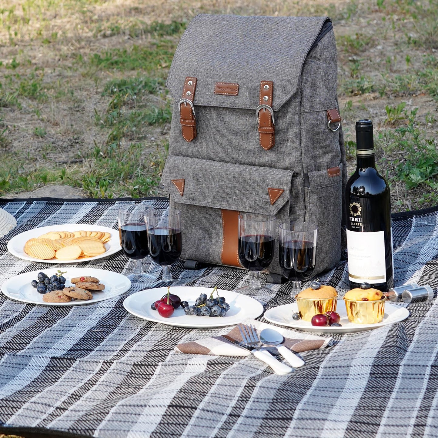HappyPicnic insulated picnic backpack for 4 people with complete tableware set, spacious cooler compartment, bottle holders, and large waterproof picnic blanket.