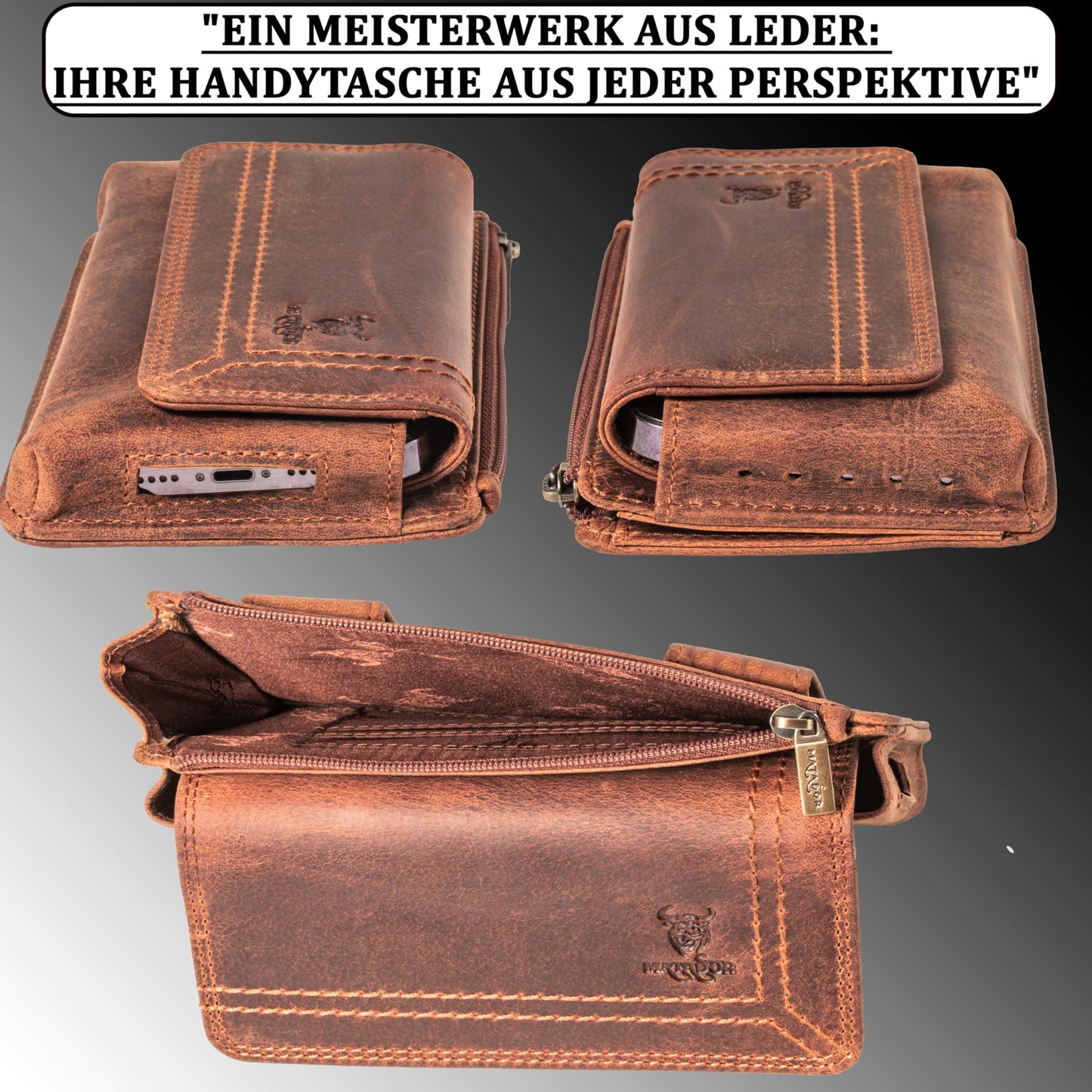 MATADOR 2in1 genuine leather phone case belt with zipper pocket #Brisbane, with elegant gift box and RFID protection. Stylish leather phone belt for smartphones up to 6.9 inches in Vintage Brown.