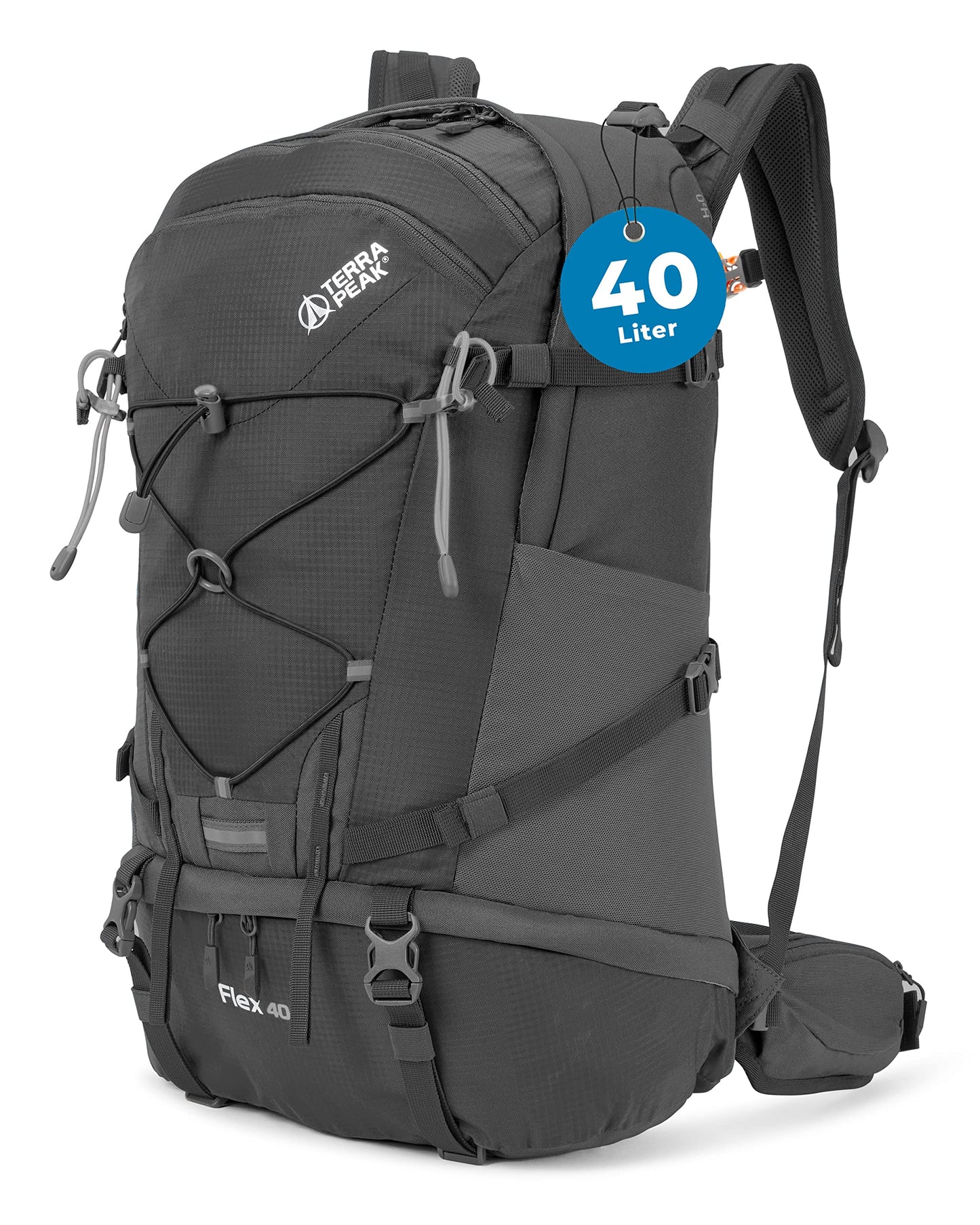 Terra Peak hiking backpack 40 liters for women and men Flex 40 gray - daypack backpack waterproof - backpack for hiking & camping - with integrated hydration system holder and laptop compartment - unisex daypack