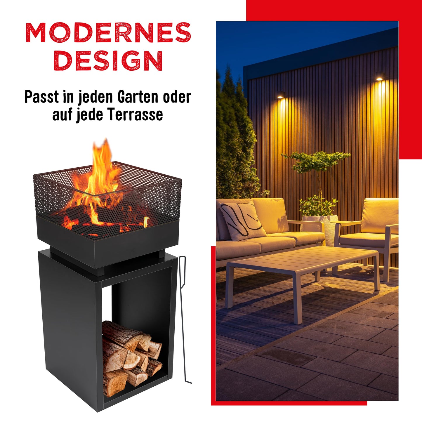 BBQ Collection Fire Pit with Spark Guard - Fire Basket 39 x 39 x 85 cm - Garden Chiminea for Firewood - Patio Heater with Poker and Firewood Storage - Patio Decor - Carbon Steel