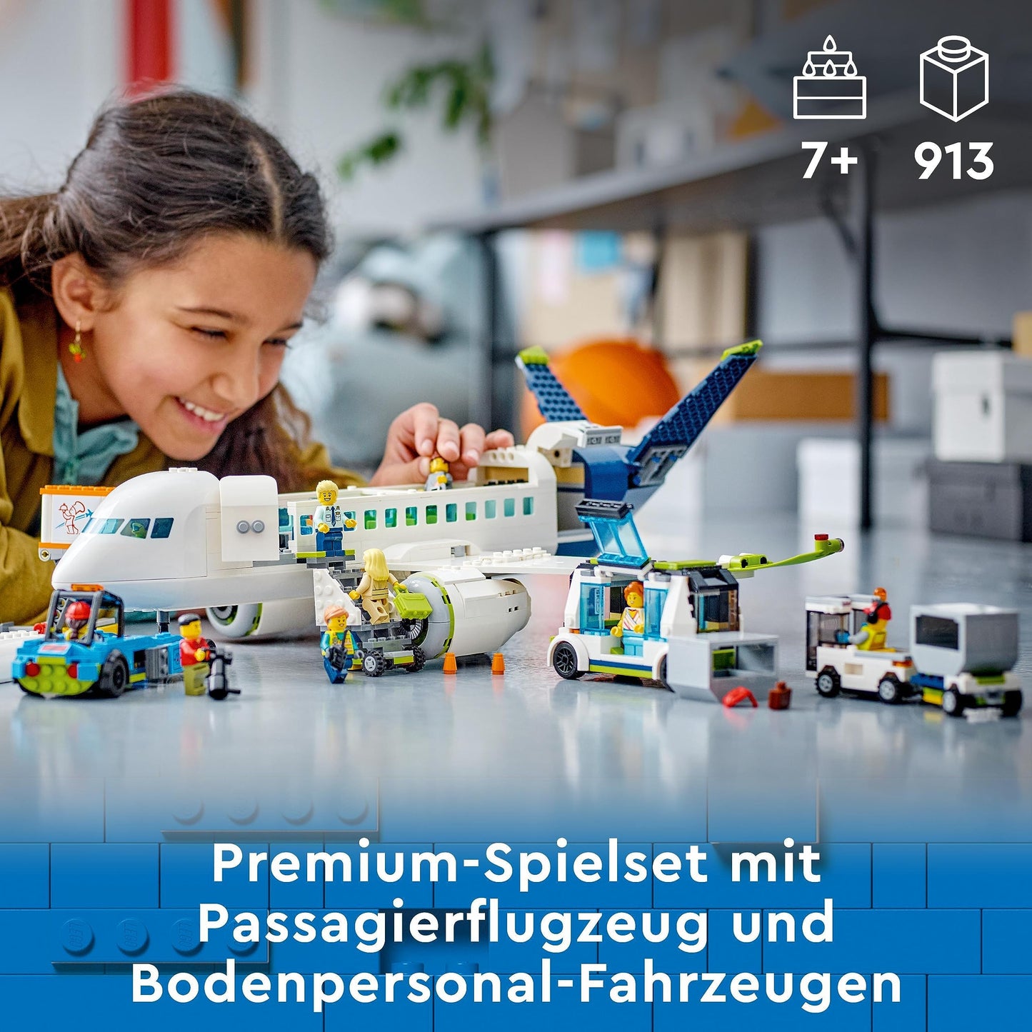 LEGO 60367 City Passenger Airplane Toy Set, large airplane model with airport ground vehicles: apron bus, pushback tug, catering loader, baggage cart, and 9 minifigures