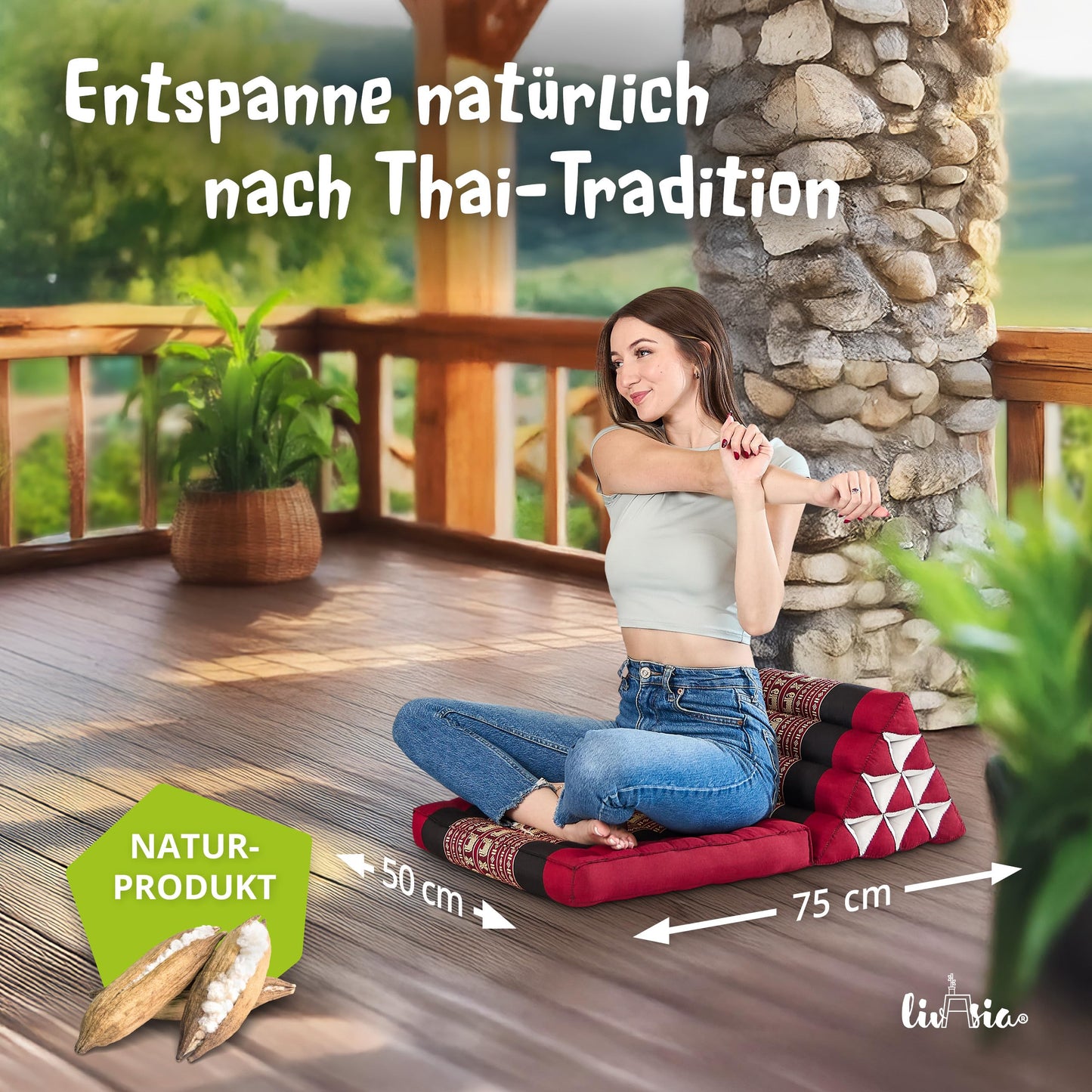 Livasia Thai pillow with 1 pad - 75x50x8cm - triangle pillow with seat cushion, wedge pillow with kapok, foldable back pillow, Thai mat for folding, handmade, meditation pillow (red/elephants)