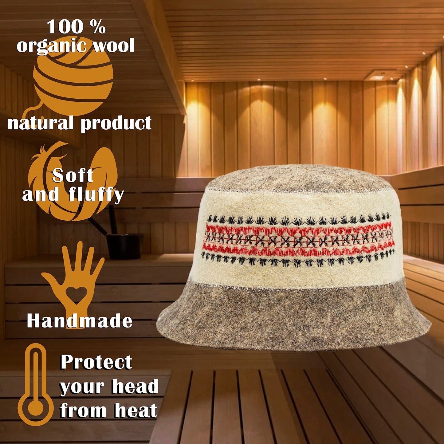Sauna hat wool embroidered Ukrainian ornament Vyshyvanka - Banya hat for men Sauna cap for women Wool sauna hat for women Finnish