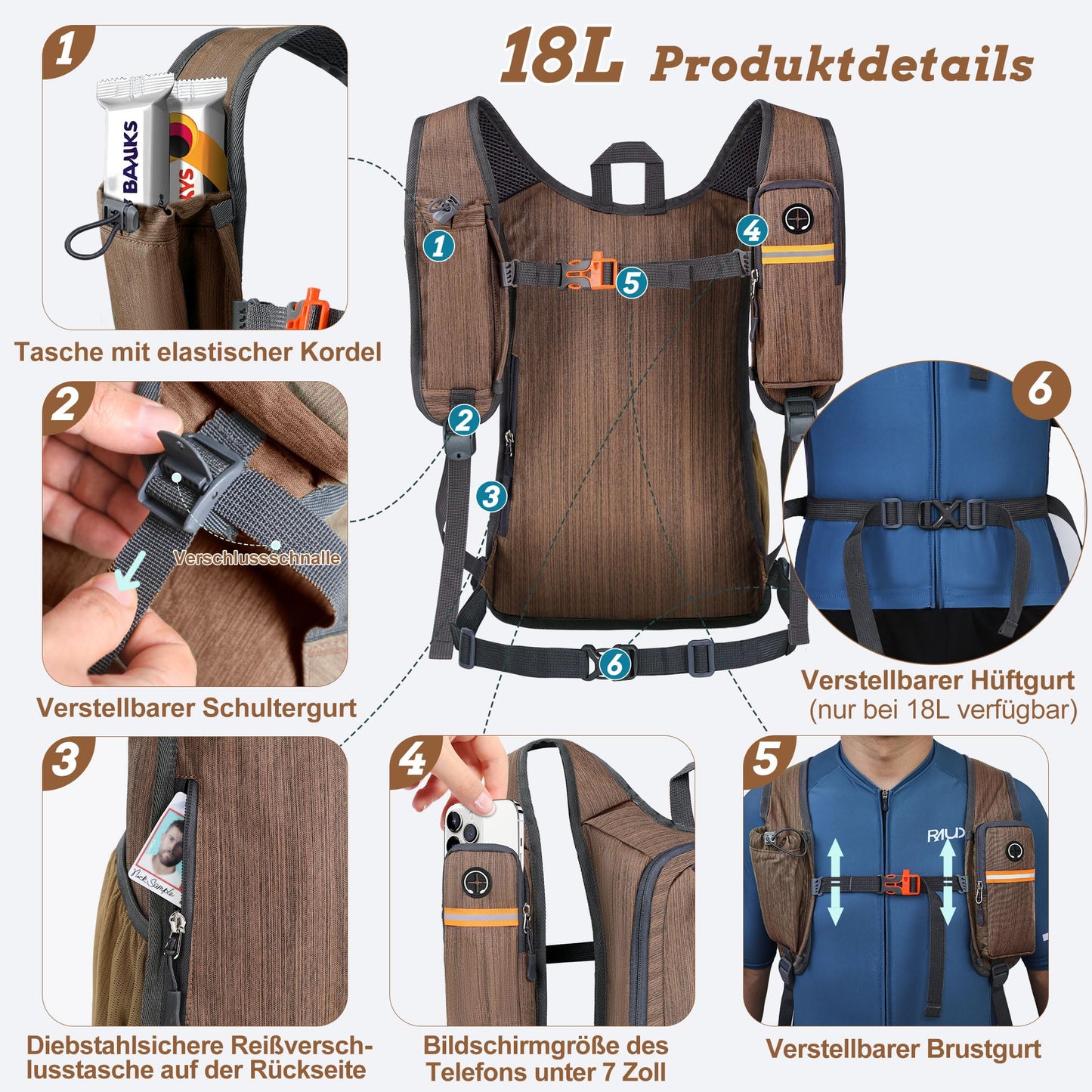 BECOJADDE 18L Hiking Backpack Men Small Backpack Women Lightweight Daypack Foldable Trekking Pack for Camping Outdoor Hiking Travel Chocolate Brown