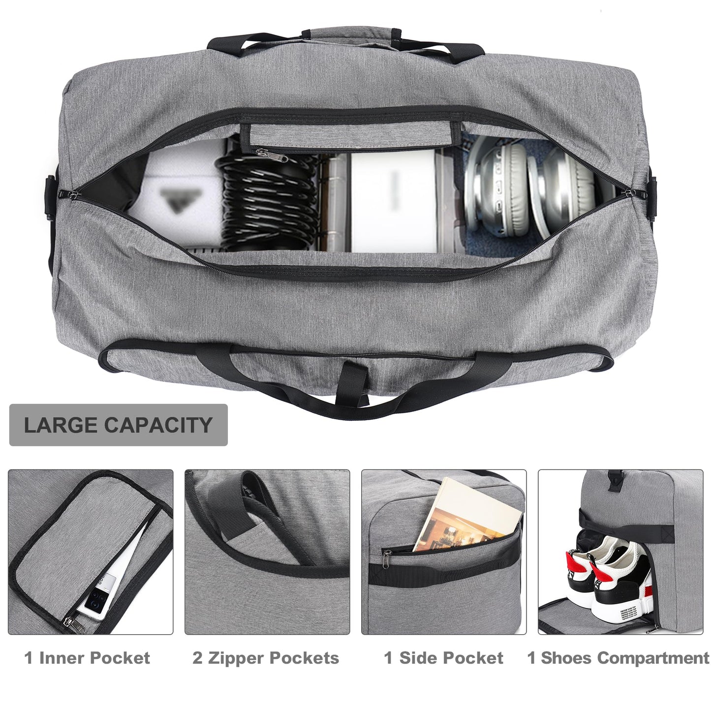 Vogshow Foldable Travel Duffel Bag, Weekender Overnight Bag Waterproof Duffle with Shoe Compartment for Men and Women (Gray, 80L)