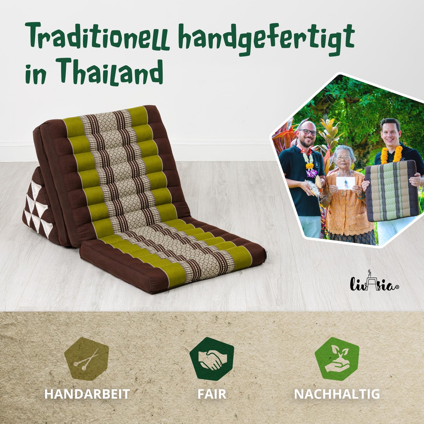 livasia Thai pillow with 3 cushions - 175x50x8cm - triangle pillow with folding mattress, wedge pillow kapok, foldable back pillow, Thai mat for folding, handcrafted, meditation pillow (brown/green)