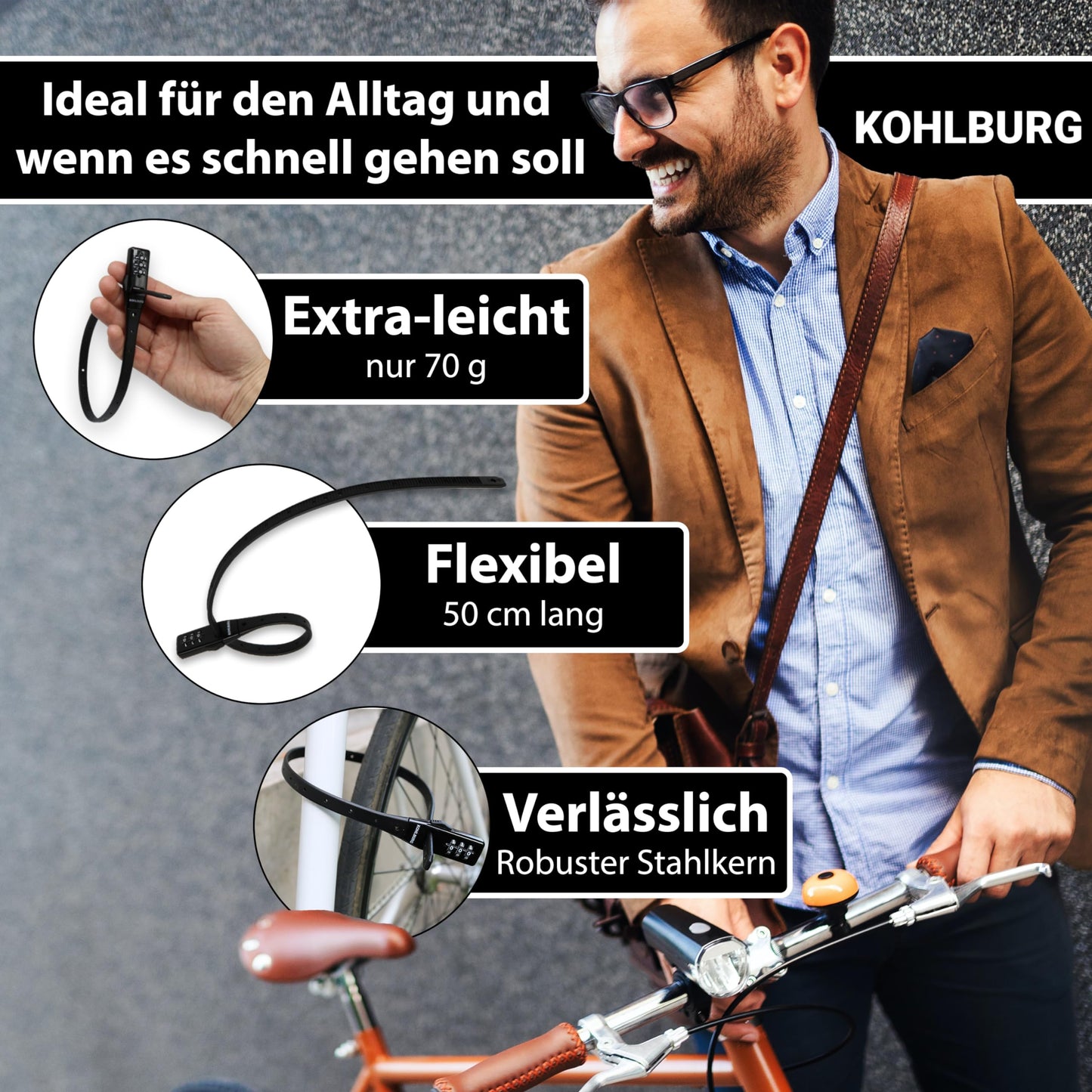KOHLBURG ultra-light combination lock - 70g light with numeric code - 50cm bike lock small and secure - cable tie lock also for road bike scooter roller - helmet lock ski lock & child lock