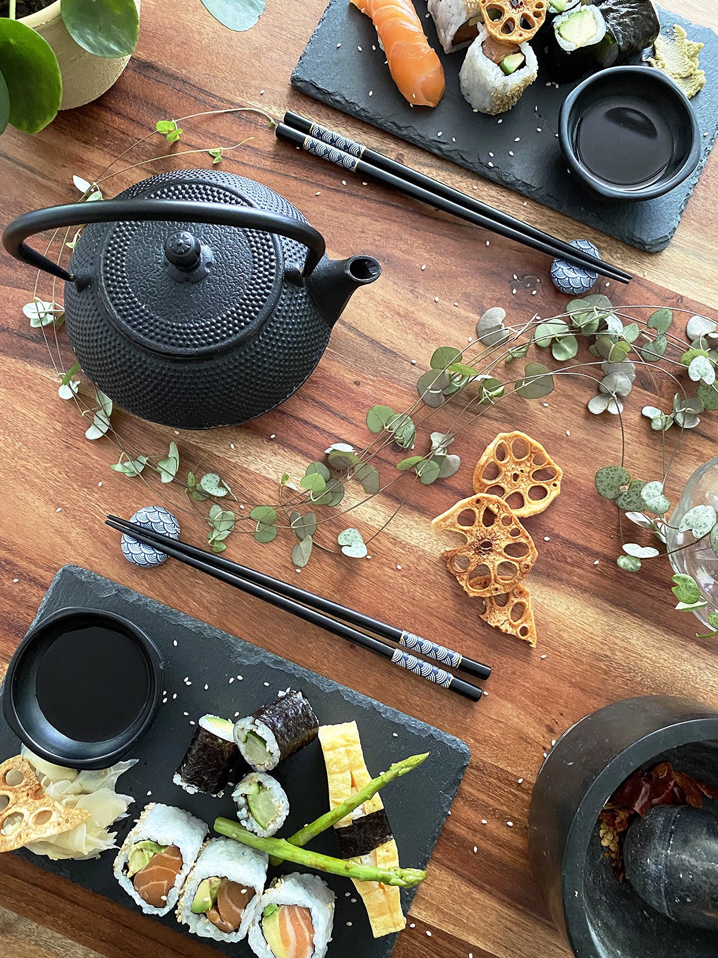 Soypi Sushi Set for 2 - black, 10 piece sushi dish set with chopsticks, slate plates, trays, bowls, delivered in high-quality gift box as a perfect couple's gift.