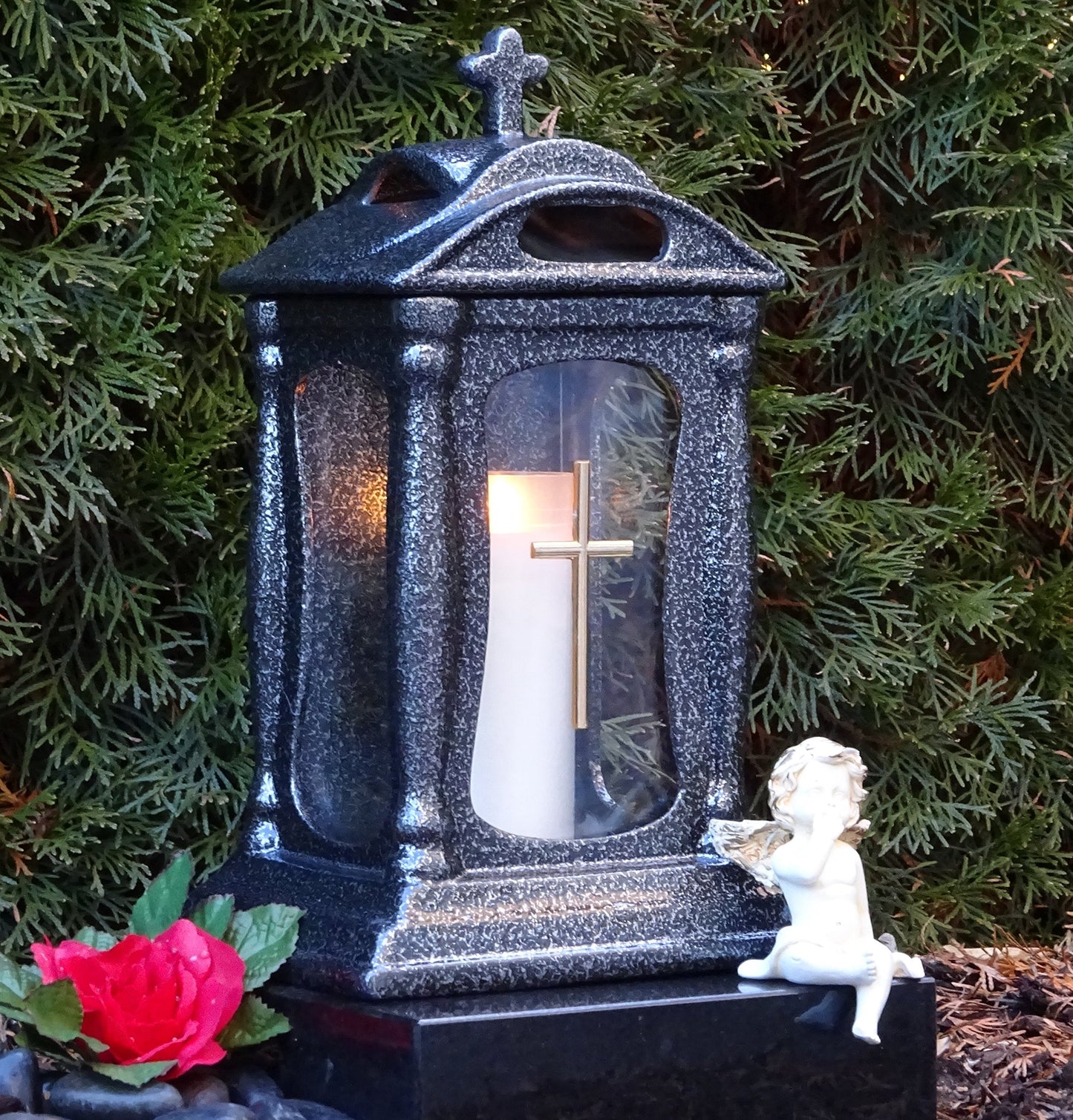 Grave lamp Basilica Massive Grave Lantern Silver 30.0cm with Cross incl. Grave adornment Grave light Candle Grave candle Grave lamp Lantern Light Candle Cemetery Garden Grave decoration Grave decor