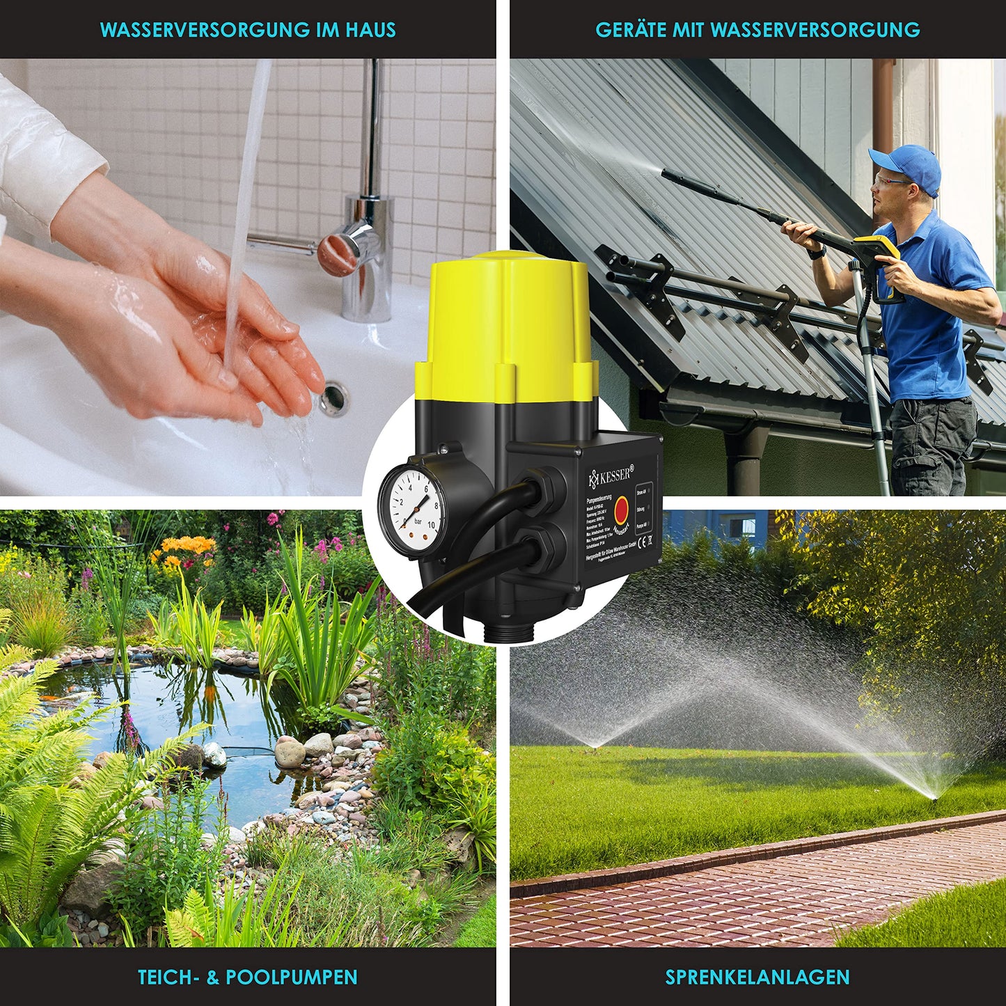KESSER® Pump control with pressure display | with cable | 10 bar pressure switch Electronic pump control | Pressure switch | monitors water pressure - automatic on and off Garden & Home