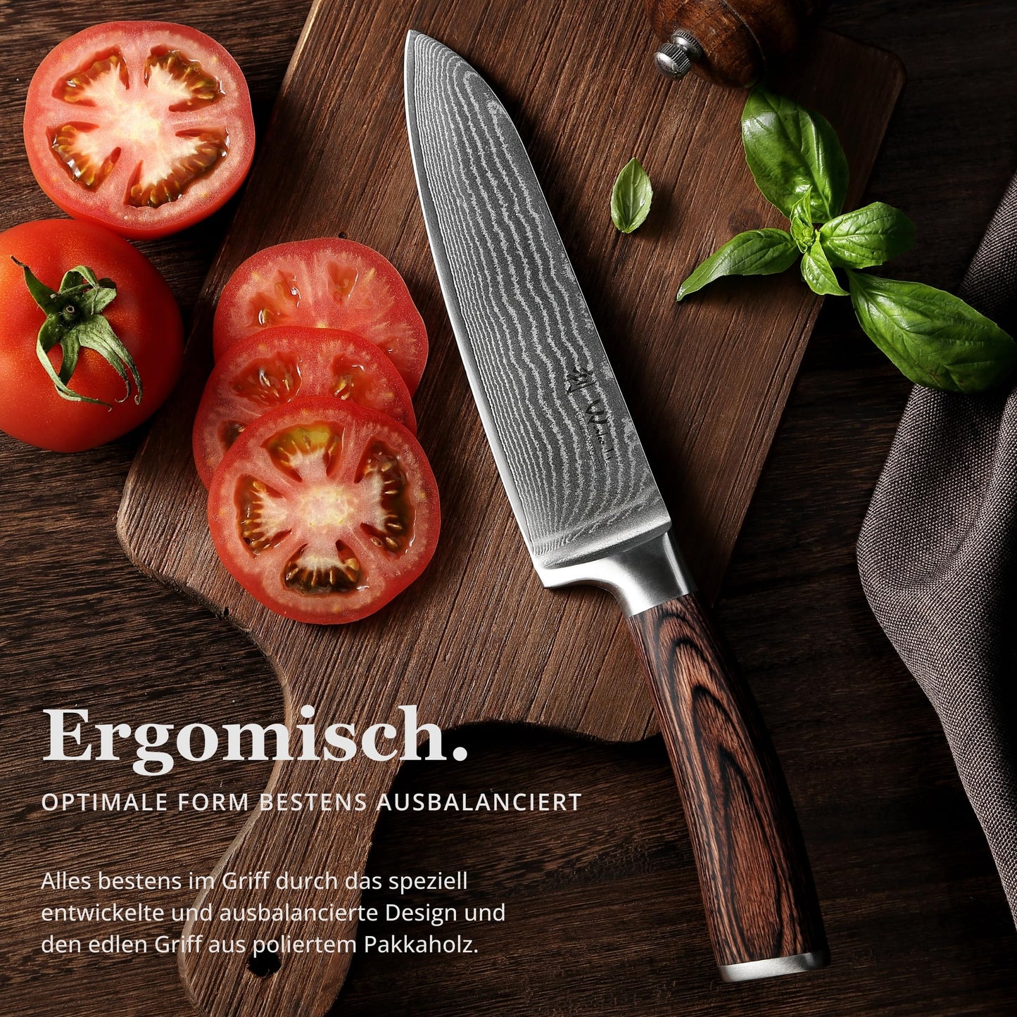 Wakoli EDIB Damascus Santoku Knife, 17cm blade, 67 layers of Damascus steel, VG10 core & Pakka wood handle. Sharp kitchen knife, Damascus knife in gift box for amateur & professional chefs.