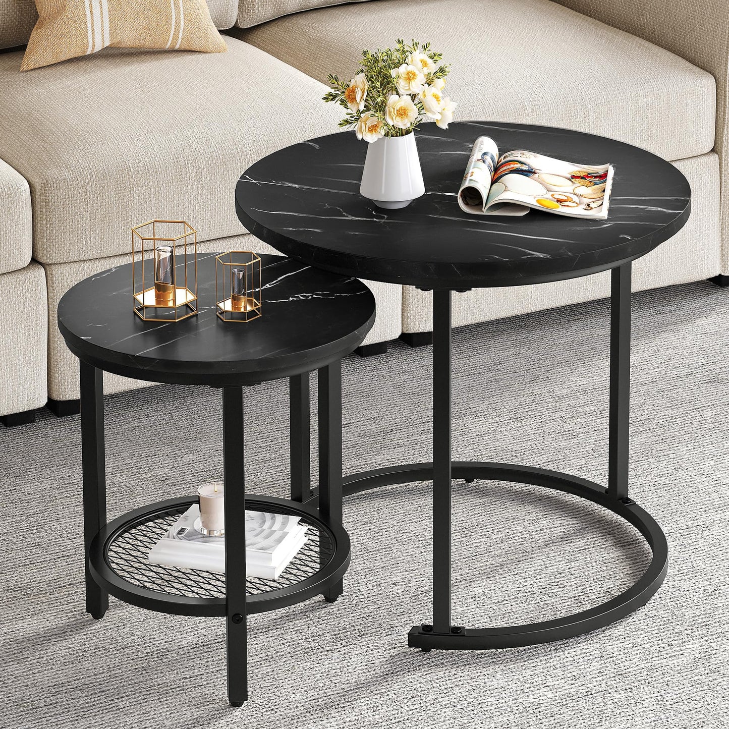 YITAHOME 2-Piece Round Coffee Table Set, Modern Living Room Table with Storage, Stackable Side Table Set with Wooden Top and Metal Frame, Living Room Home Office Coffee Table