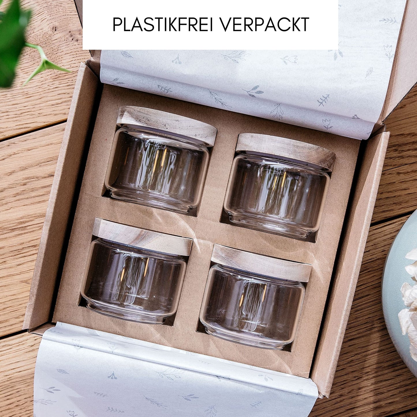 Econovo® storage jars with lid 300ml (4 pieces), glass containers with lid set, glass storage jars for storing muesli, pasta, coffee, storage jars with wooden lid.