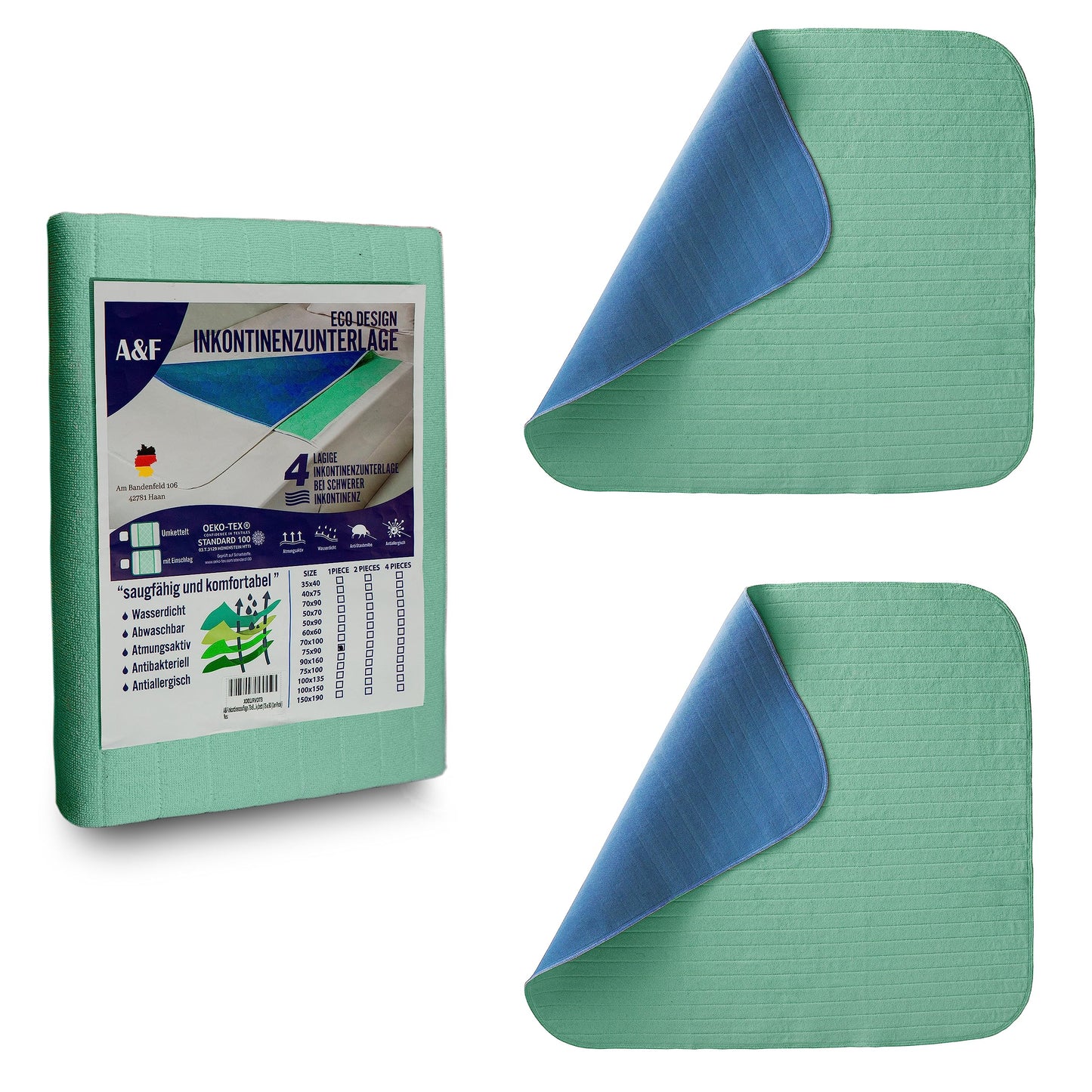 A&F Incontinence Pad 50x70 (2 pack)-4 layers-Up to 26280ml/m² absorbency-Washable bed pad-Washable incontinence pad-Mattress protector for crib and children's bed