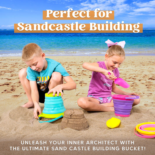 JOYIN 3 Pack Foldable Beach Bucket Set, Sandbox Foldable Sand Toy Bucket with Mesh Backpack for Kids, Camping Gear, Sand Party.