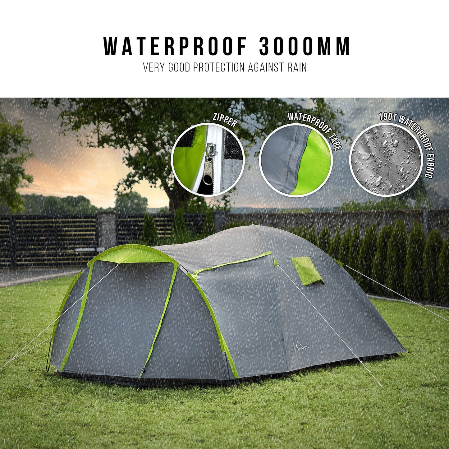 Campela 3 4 person tent waterproof 3000mm with vestibule & mosquito net - camping tent family tent for outdoor, festival, hiking, vacation - quick setup tunnel tent with ventilation