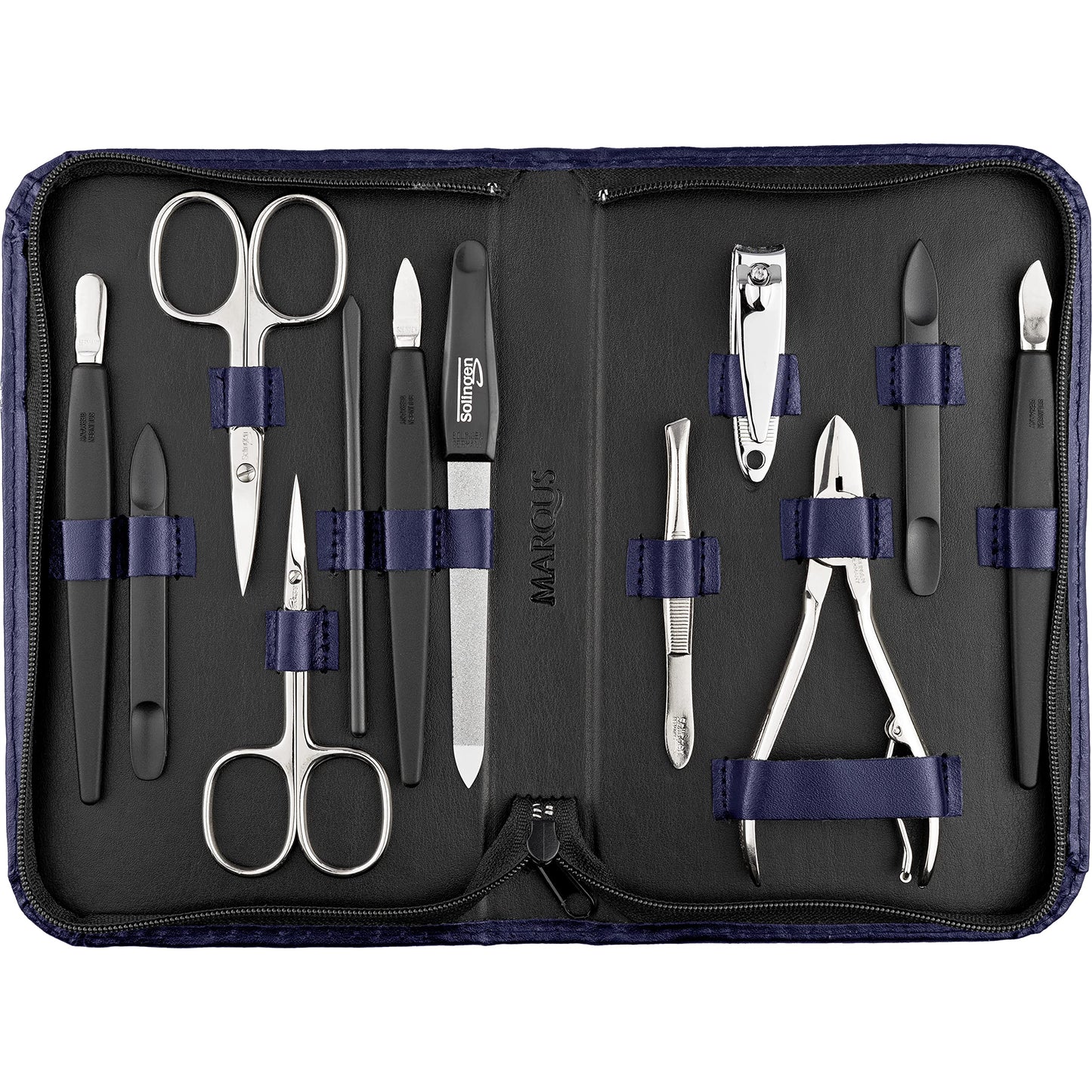 marQus Solingen Mega Manicure Pedicure Set 12 Pieces - Nail kit for men and women with everything you need for nail care, in a high-quality genuine leather case, Dark Blue