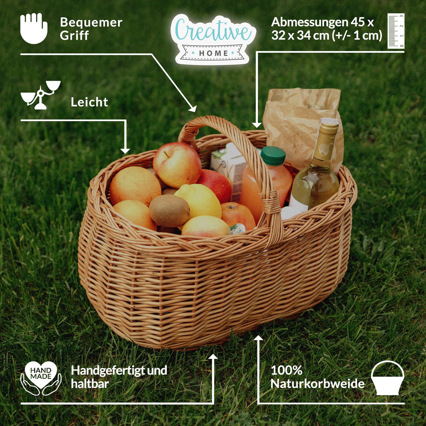 Creative Home Large Picnic Basket Wicker Basket with Handles Shopping Basket Car Basket | 45 x 32 x 34 cm (+/- 1 cm) | Large, Lightweight | Natural Brown | Handwoven | Versatile, Durable Easter Basket Woven