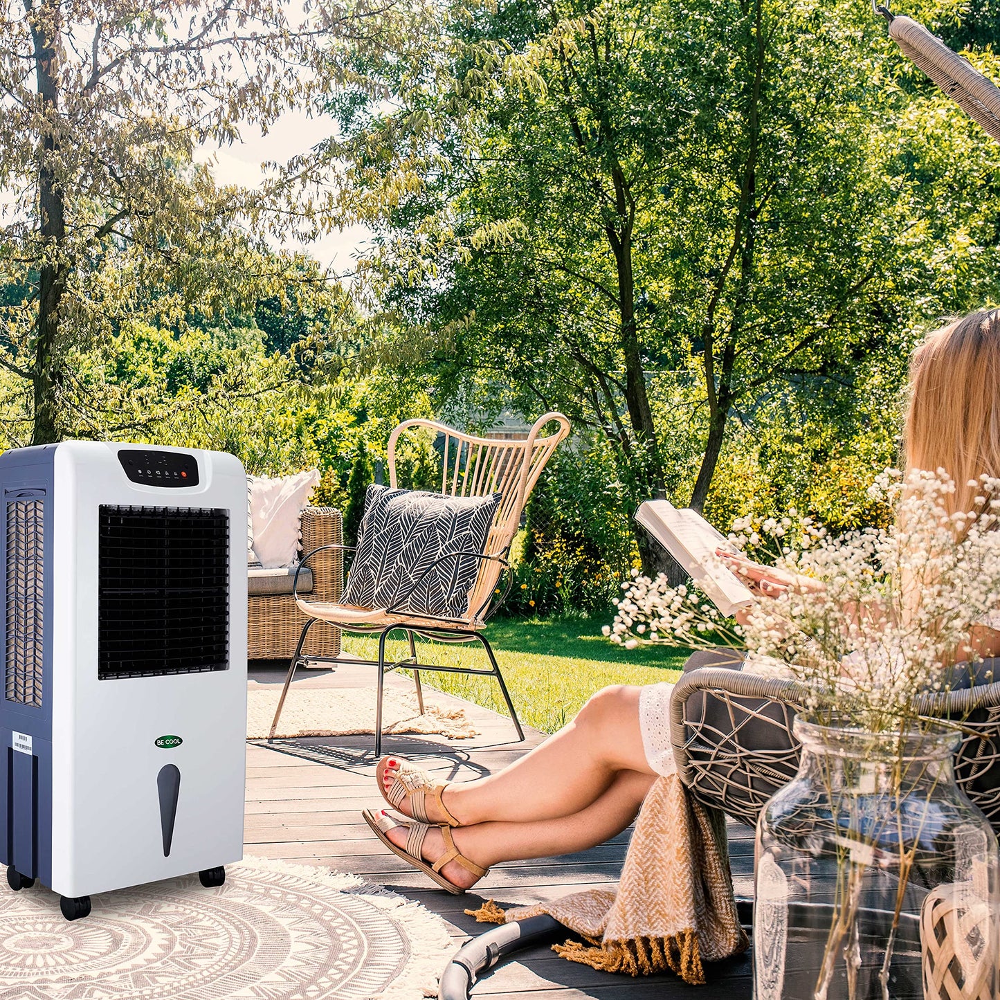 BE COOL air cooler with water cooling, 3-in-1 evaporative cooler, humidifier, fan, oscillation function, air purifier with ionizer, 4 speeds, 63 liter water tank, timer, white/gray.