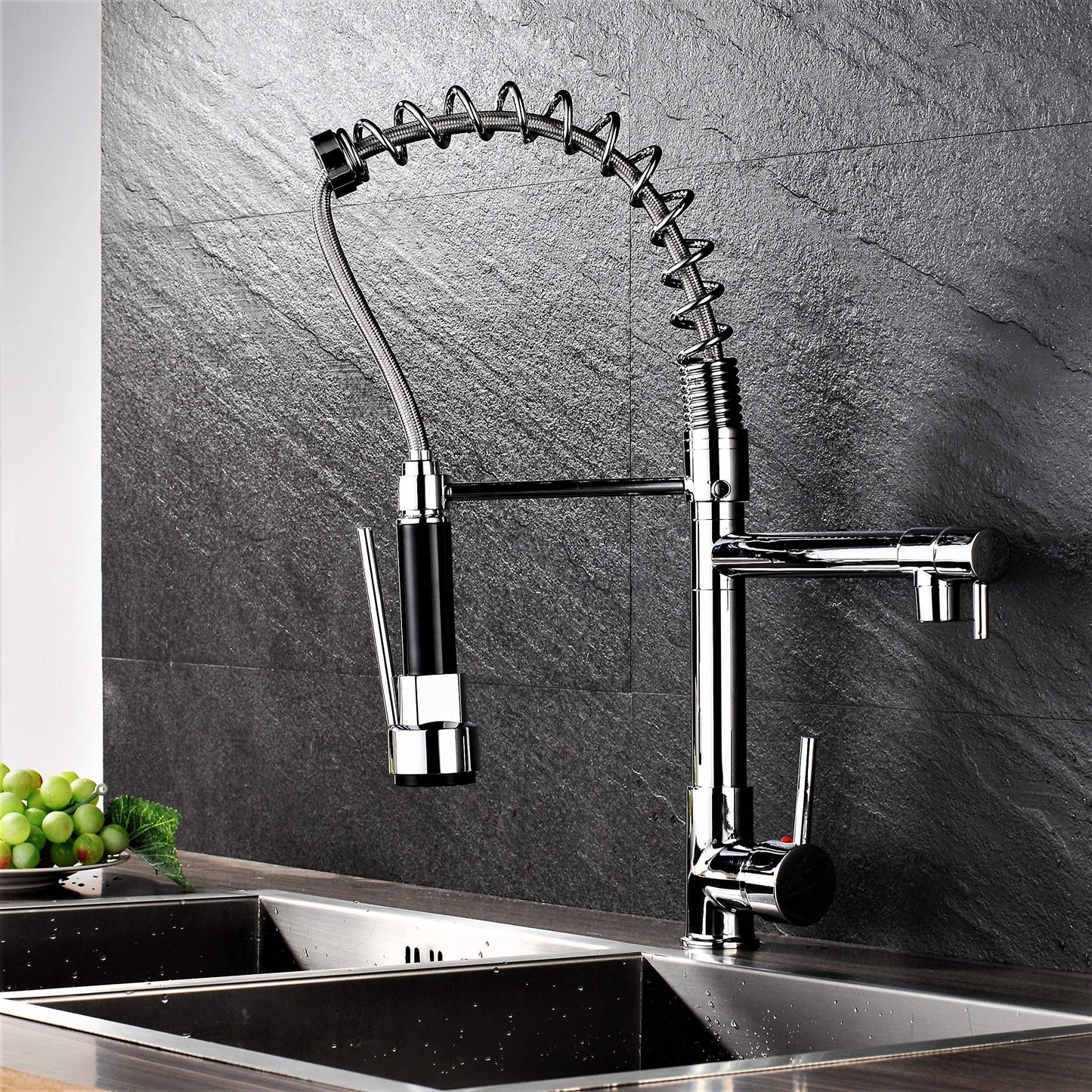 Professional kitchen sink mixer tap with shower spray, spiral spring, and extendable hose in gloss/chrome finish.