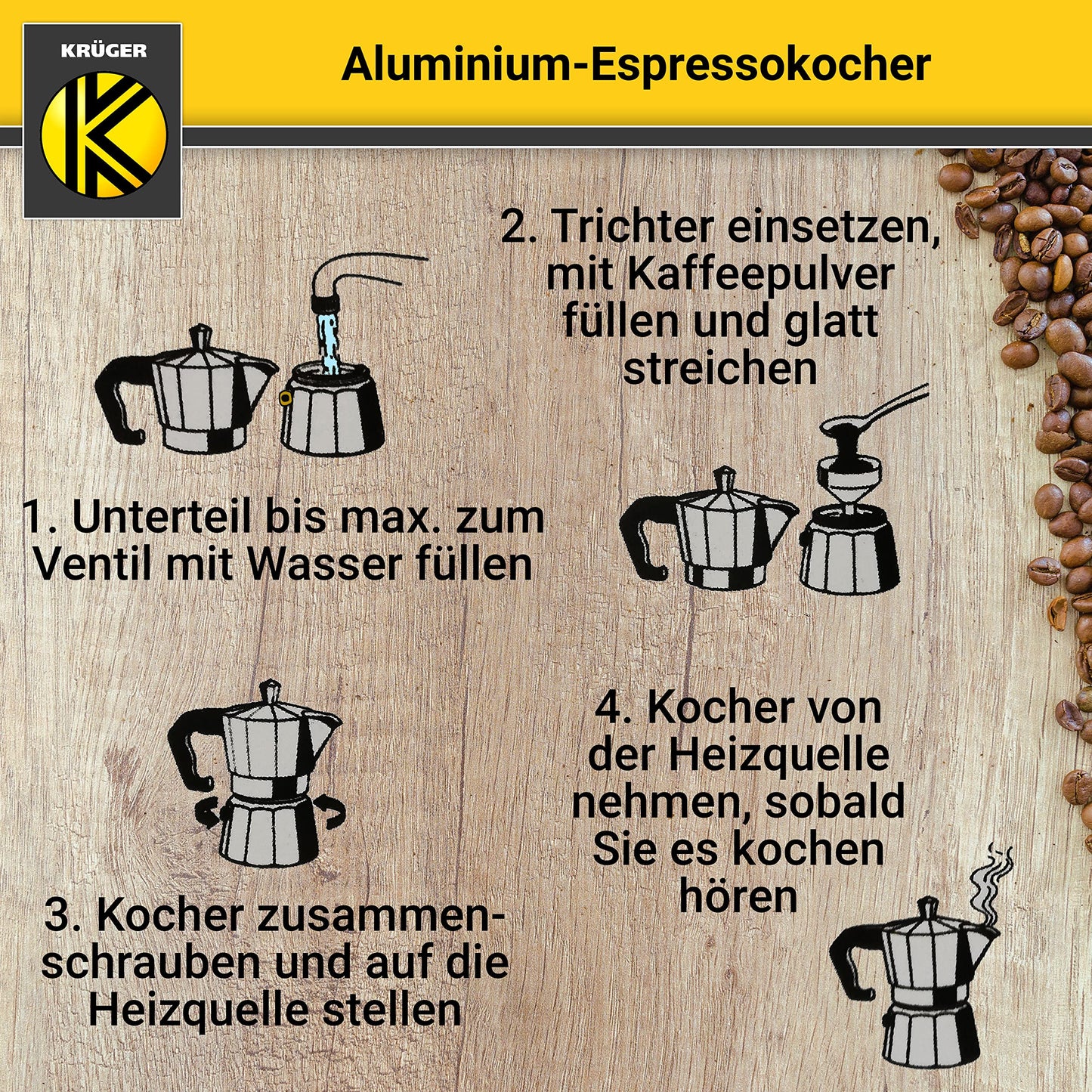 KRÜGER aluminum espresso maker with silicone seal for 1 cup - fast and easy espresso preparation - safety valve prevents overflowing - convenient handle (silver)