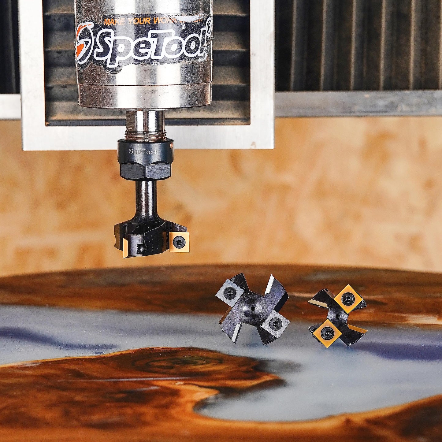 SpeTool 8mm shank 38.1mm diameter planing cutter for router planer cutter for wood with inserts 2+2 flutes CNC router surface planer flatten bit.