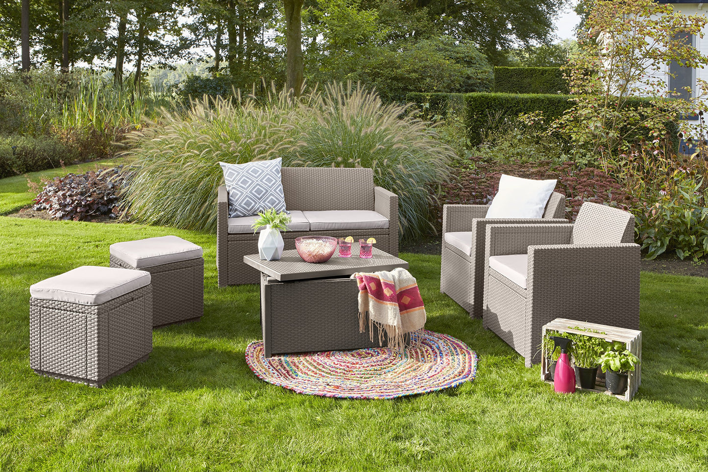 Allibert by Keter Cube Ottoman with Storage, grey, includes cushion, removable lid, flat rattan look, weatherproof, 42x42x39cm